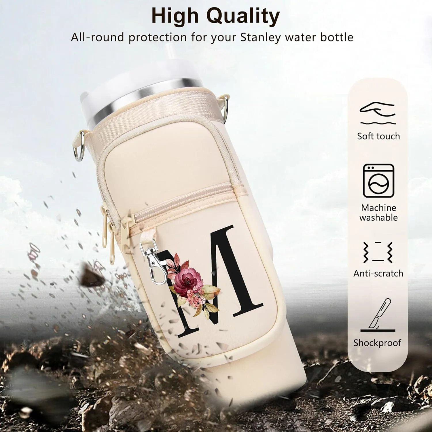 LOKASS Water Bottle Holder with Strap for Stanley Cup 40 oz Tumbler with Handle, Personalized Initial, Water Bottle Carrier Bag with Phone Pocket for Stanley Cup Accessories
