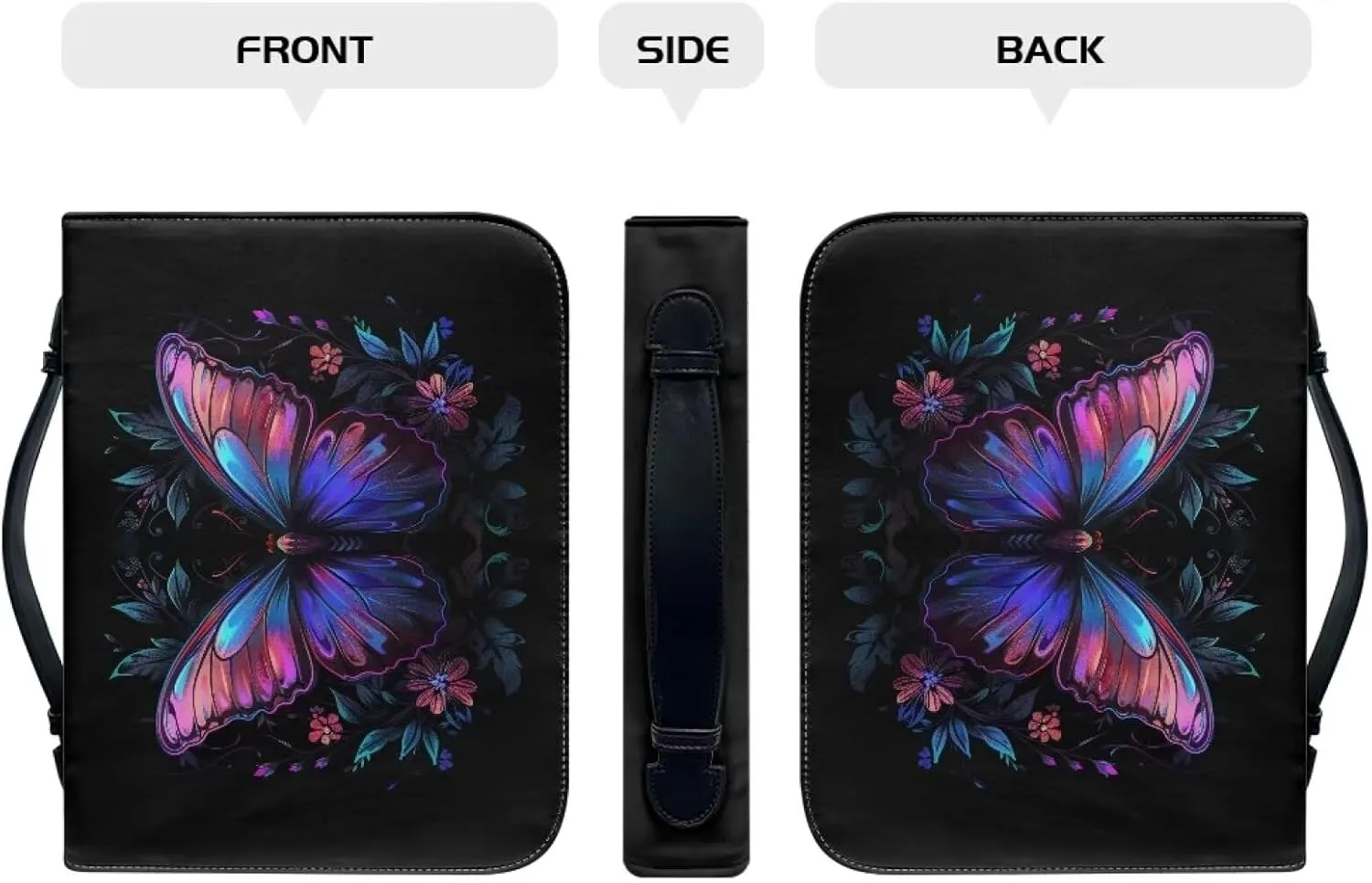 Lotusorchid Butterfly Flower Bible Cover Bags with Handle, Lightweight Bible Carrier Tote Waterproof Carrying Case Large Pencil Case Organizers, Zippered Bible Accessories, Black, M