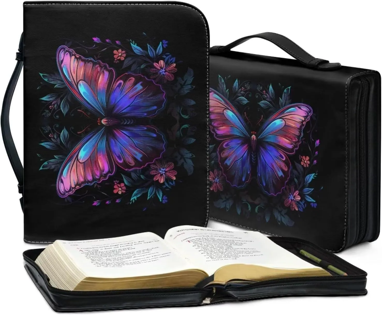 Lotusorchid Butterfly Flower Bible Cover Bags with Handle, Lightweight Bible Carrier Tote Waterproof Carrying Case Large Pencil Case Organizers, Zippered Bible Accessories, Black, M