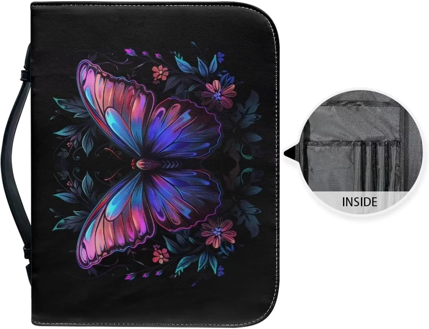 Lotusorchid Butterfly Flower Bible Cover Bags with Handle, Lightweight Bible Carrier Tote Waterproof Carrying Case Large Pencil Case Organizers, Zippered Bible Accessories, Black, M