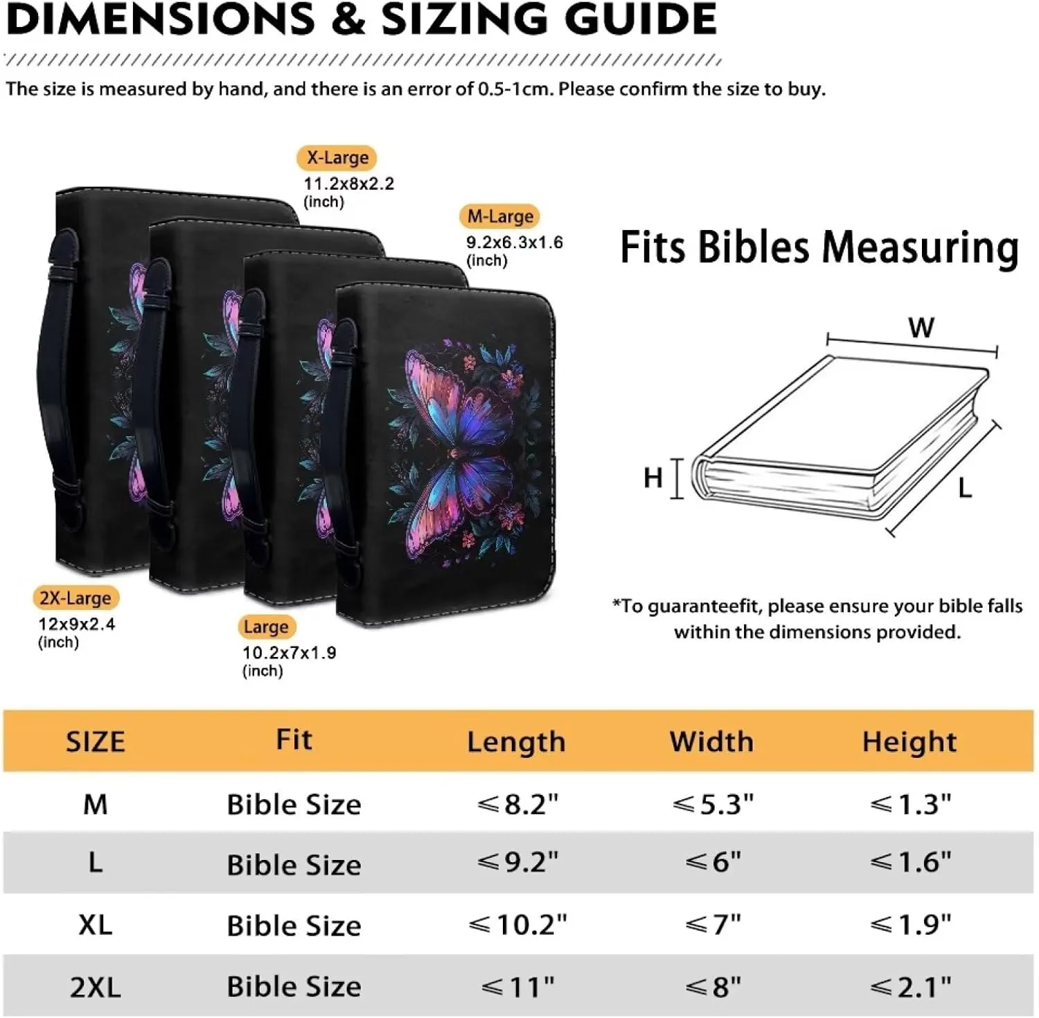 Lotusorchid Butterfly Flower Bible Cover Bags with Handle, Lightweight Bible Carrier Tote Waterproof Carrying Case Large Pencil Case Organizers, Zippered Bible Accessories, Black, M