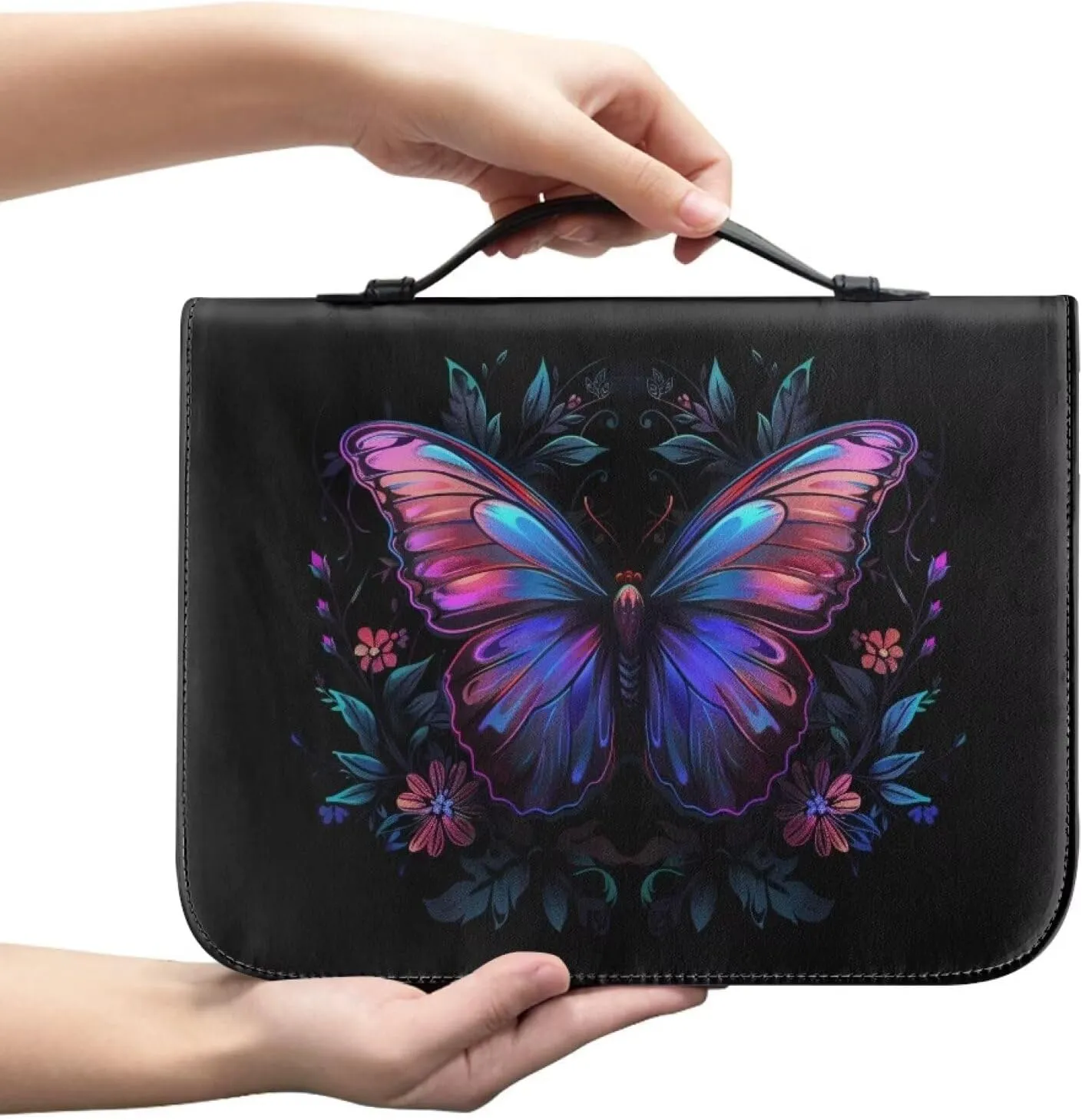 Lotusorchid Butterfly Flower Bible Cover Bags with Handle, Lightweight Bible Carrier Tote Waterproof Carrying Case Large Pencil Case Organizers, Zippered Bible Accessories, Black, M