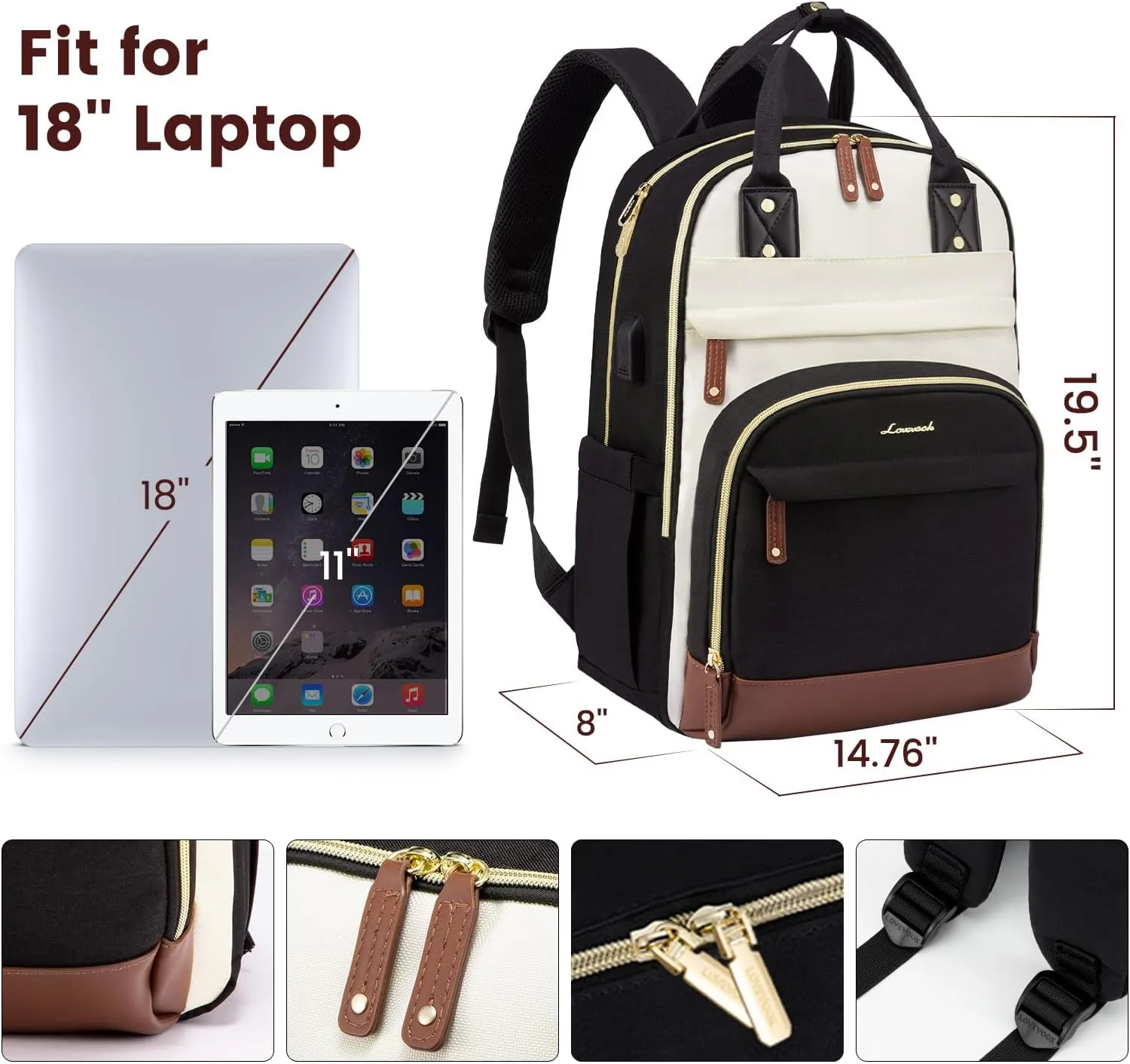 LOVEVOOK Backpack for Women,Laptop Backpack Women,Fits 18 Inch Laptop Bag,School Backpacks,Fashion Travel Work Anti-theft Bag,Waterproof Business Computer College Backpack Purse,Beige-Black-Brown