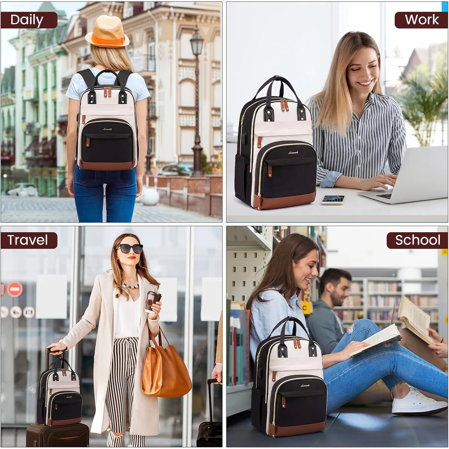 LOVEVOOK Backpack for Women,Laptop Backpack Women,Fits 18 Inch Laptop Bag,School Backpacks,Fashion Travel Work Anti-theft Bag,Waterproof Business Computer College Backpack Purse,Beige-Black-Brown