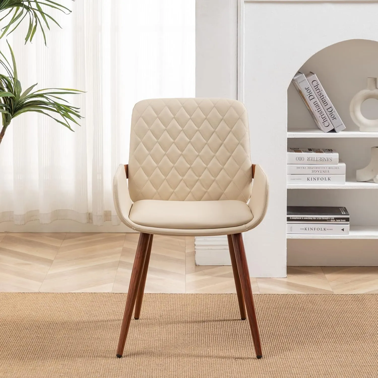 LUNLING Mid Century Modern Dining Room Chairs Set of 2,Accent Faux Leather Side Chairs Bentwood Frame with Armrest,Metal Legs Chairs,Adjustable Foot for Kitchen Room Desk Chairs(Cream White)
