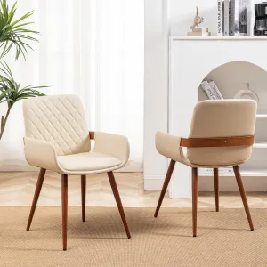 LUNLING Mid Century Modern Dining Room Chairs Set of 2,Accent Faux Leather Side Chairs Bentwood Frame with Armrest,Metal Legs Chairs,Adjustable Foot for Kitchen Room Desk Chairs(Cream White)
