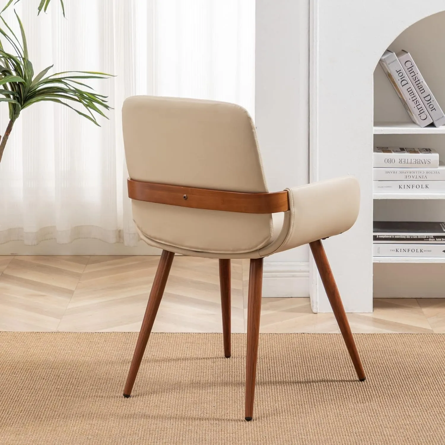 LUNLING Mid Century Modern Dining Room Chairs Set of 2,Accent Faux Leather Side Chairs Bentwood Frame with Armrest,Metal Legs Chairs,Adjustable Foot for Kitchen Room Desk Chairs(Cream White)