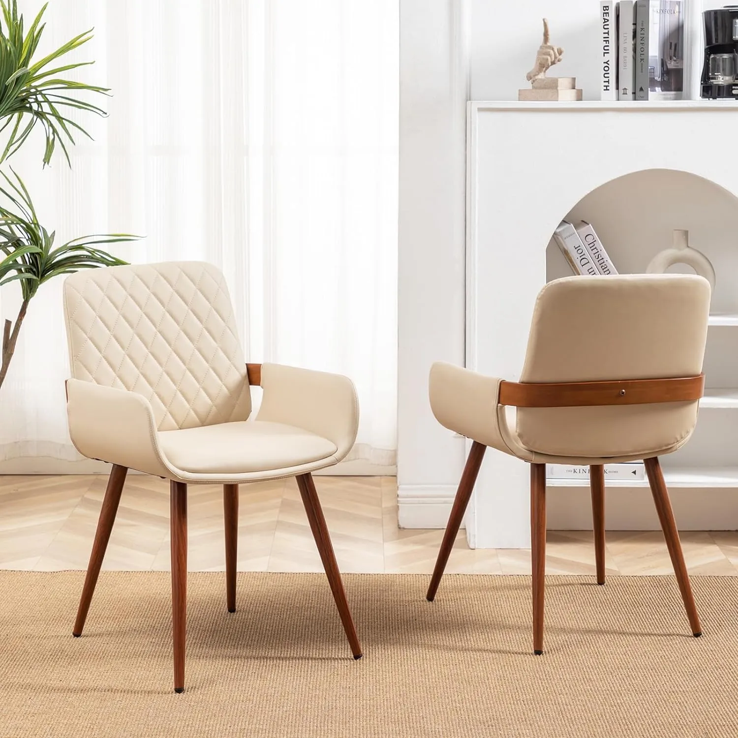 LUNLING Mid Century Modern Dining Room Chairs Set of 2,Accent Faux Leather Side Chairs Bentwood Frame with Armrest,Metal Legs Chairs,Adjustable Foot for Kitchen Room Desk Chairs(Cream White)