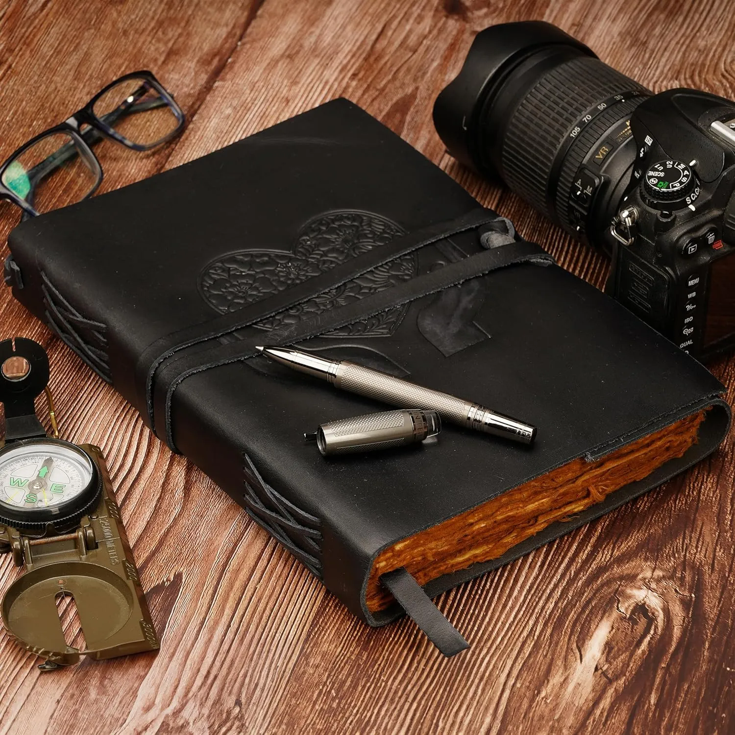 LUXEORIA Heart Journal for Women and Men, Handcrafted Leather Journal for Writing Womens, Leather Sketchbook, Travel Diary with Unlined Deckle Paper, Black 7x10