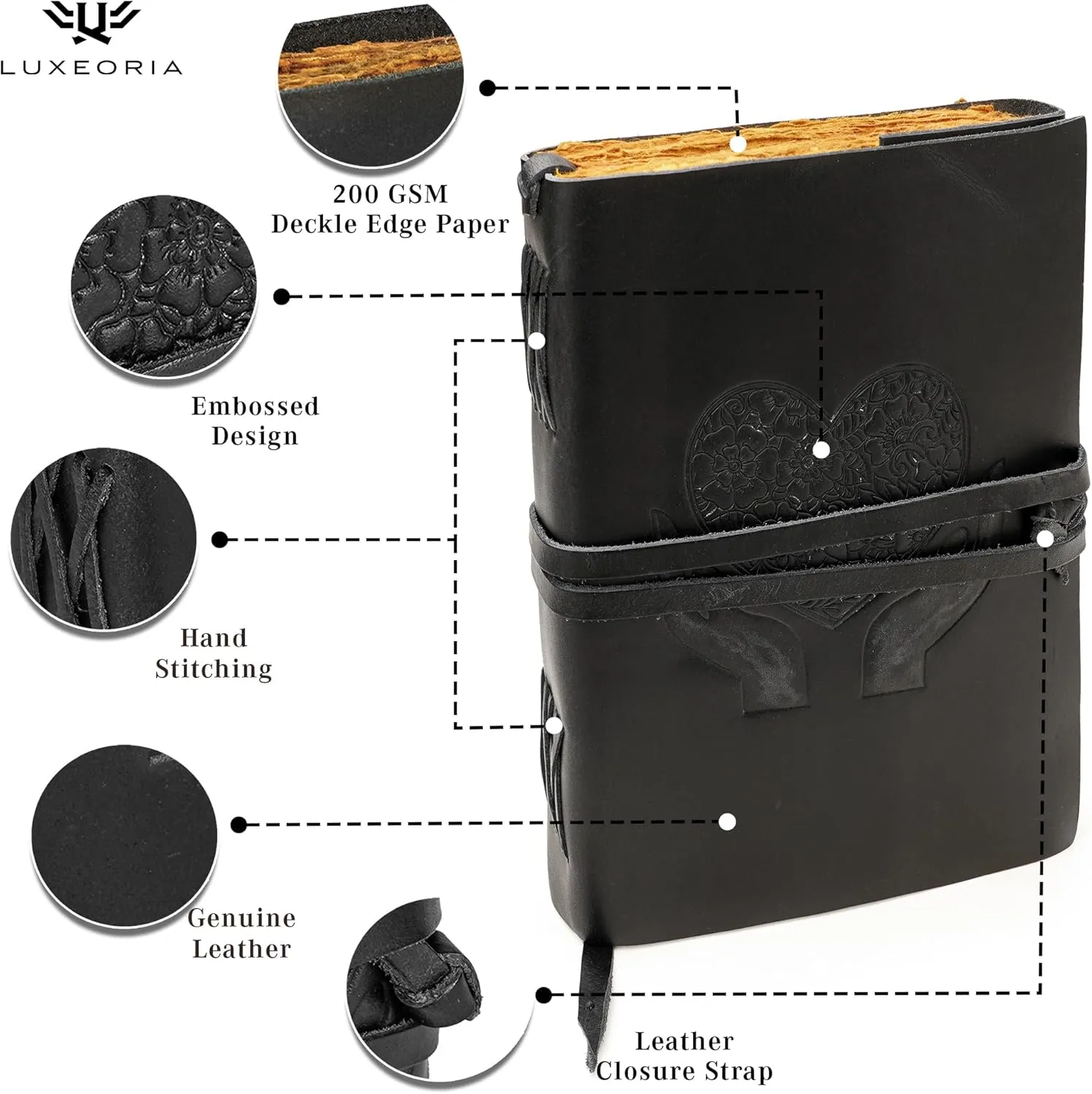 LUXEORIA Heart Journal for Women and Men, Handcrafted Leather Journal for Writing Womens, Leather Sketchbook, Travel Diary with Unlined Deckle Paper, Black 7x10