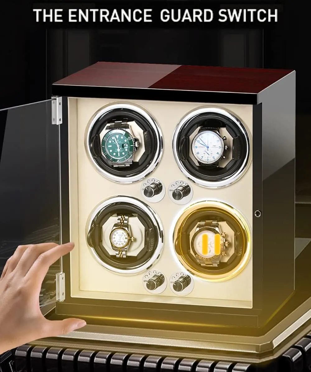 Luxury Wooden Watch Storage Case Wood Shell Piano Watch Winder Box With LED Lights And Quiet Motor Display Case PU Leather Watch Case (D 4 0)