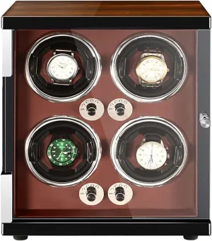 Luxury Wooden Watch Storage Case Wood Shell Piano Watch Winder Box With LED Lights And Quiet Motor Display Case PU Leather Watch Case (D 4 0)
