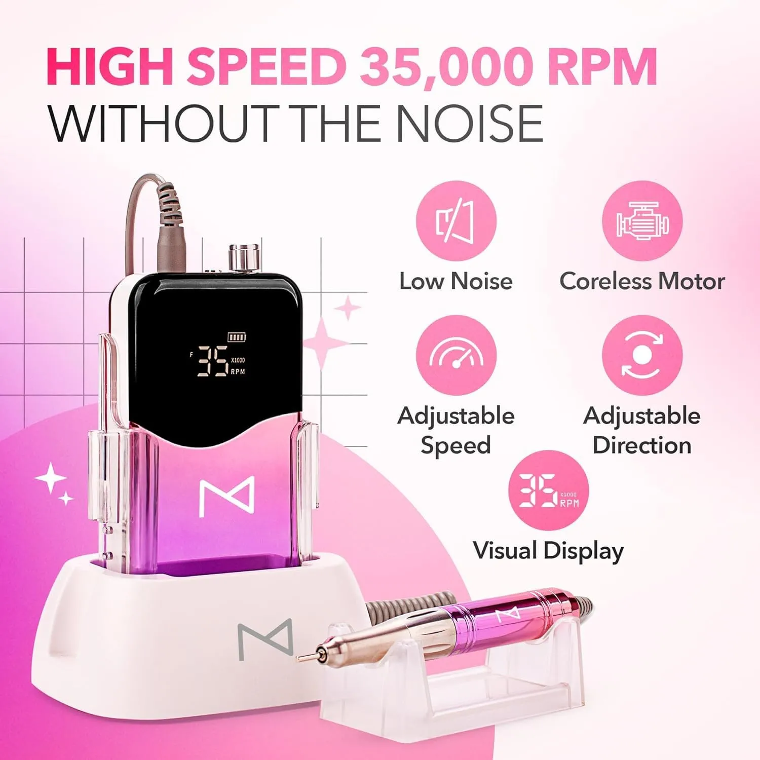 M Mase- Professional Nail Drill Machine - 2-in-1 Nail File - Cordless, 35000 RPM, HD Display - Gift for Her - Electric Nail Drill for Professional & Home Use (Black)
