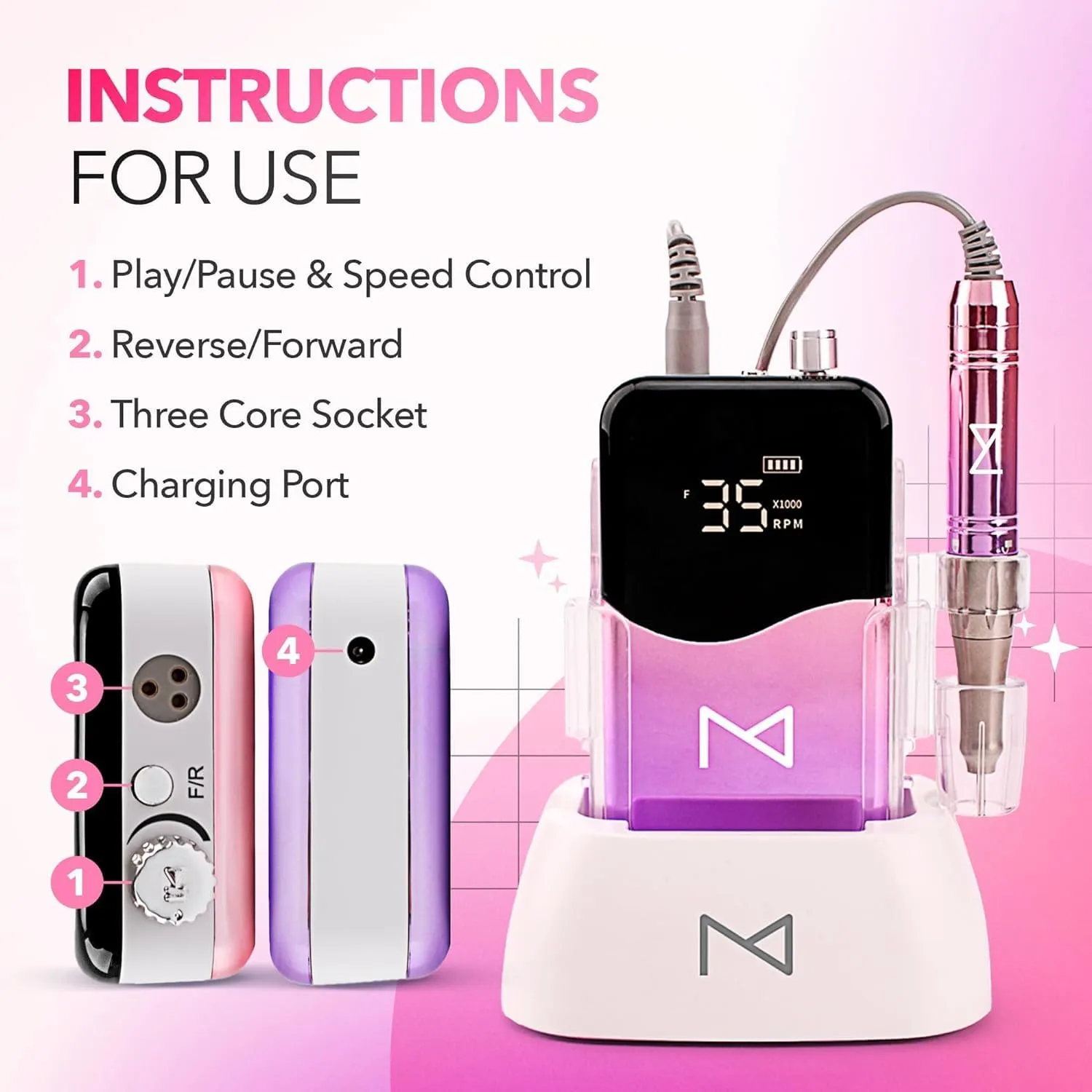 M Mase- Professional Nail Drill Machine - 2-in-1 Nail File - Cordless, 35000 RPM, HD Display - Gift for Her - Electric Nail Drill for Professional & Home Use (Black)