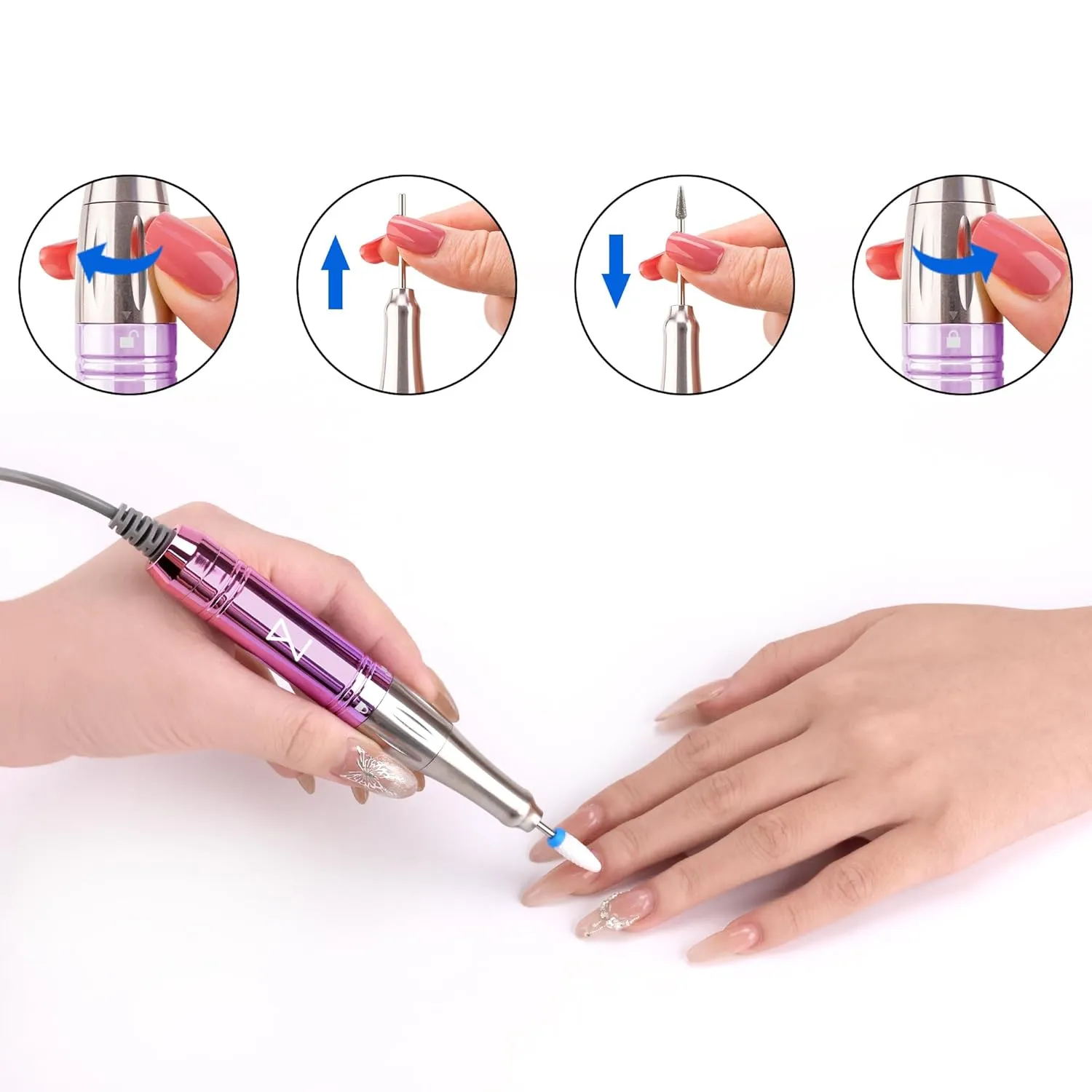 M Mase- Professional Nail Drill Machine - Coreless 2-in-1 Nail File - Electric, Cordless, 35000 RPM, HD Display - Electric Nail Drill for Professional & Home Use (Pink Gold)