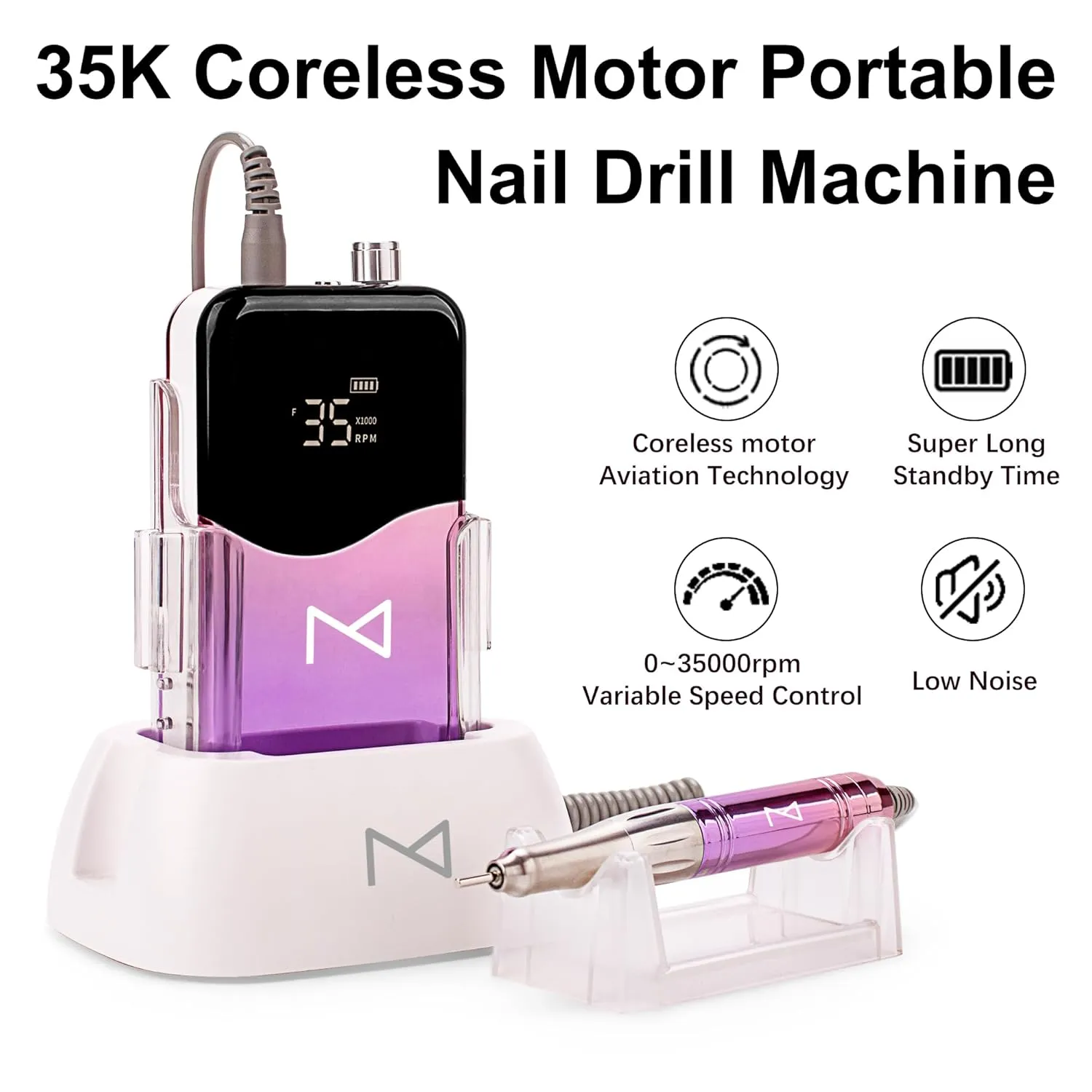 M Mase- Professional Nail Drill Machine - Coreless 2-in-1 Nail File - Electric, Cordless, 35000 RPM, HD Display - Electric Nail Drill for Professional & Home Use (Pink Gold)