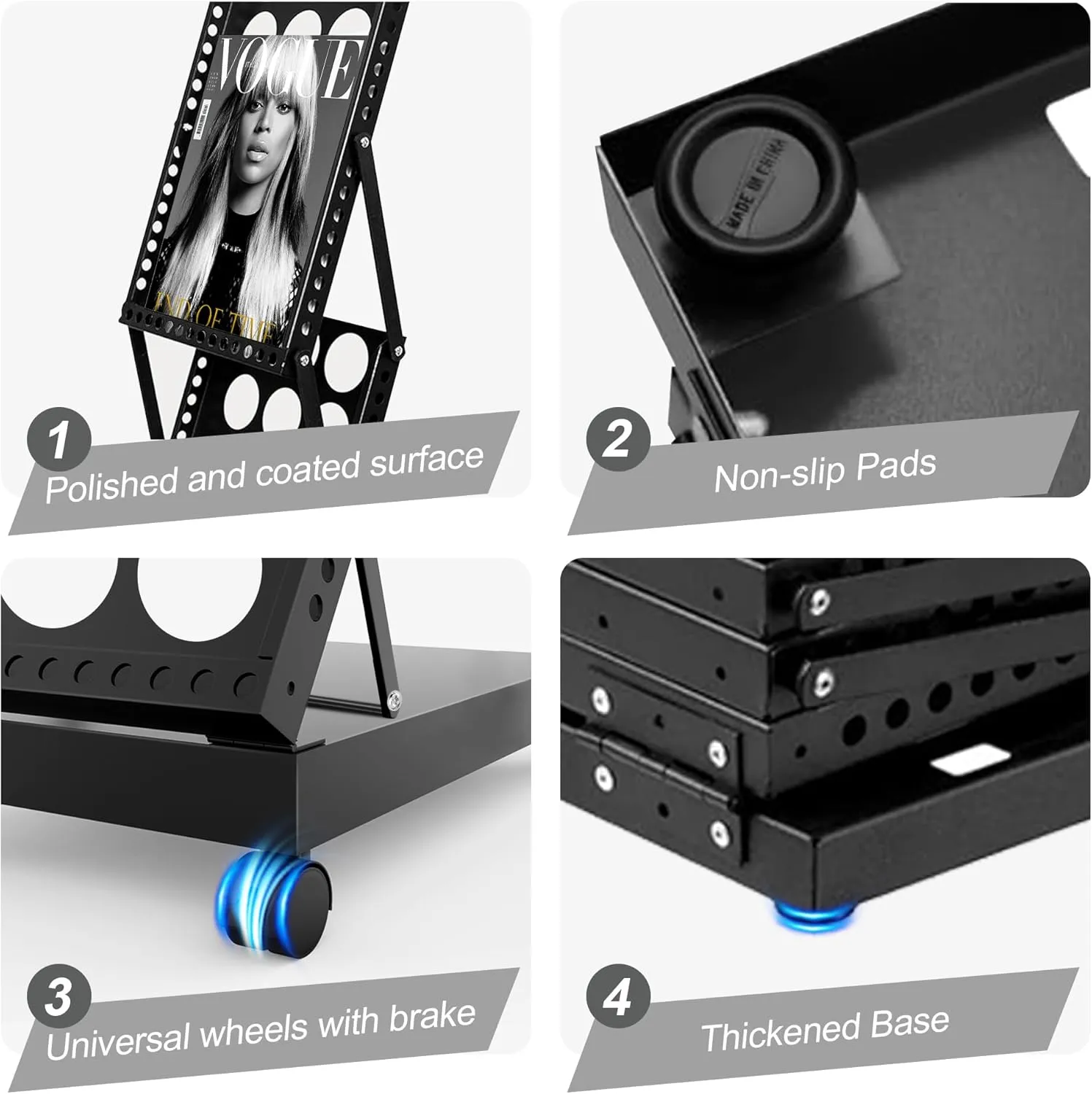 Magazine Rack Floor,Foldable Magazine Display Brochure Display Stand,Portable Magazine Stand,Metal Trade Show Display with Carrying Bag and Wheels for Office Trade Show Exhibitions,4 Pockets
