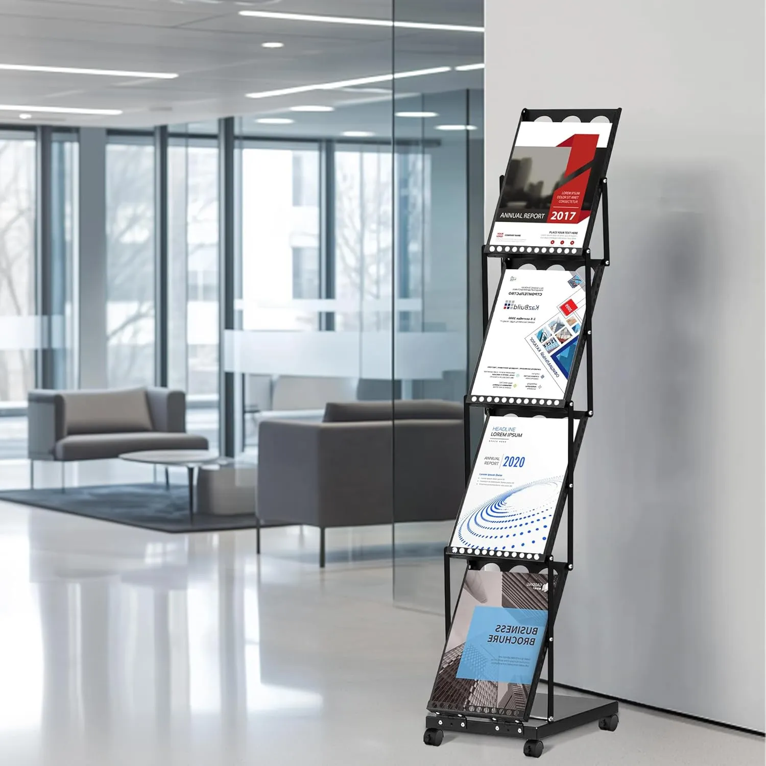 Magazine Rack Floor,Foldable Magazine Display Brochure Display Stand,Portable Magazine Stand,Metal Trade Show Display with Carrying Bag and Wheels for Office Trade Show Exhibitions,4 Pockets