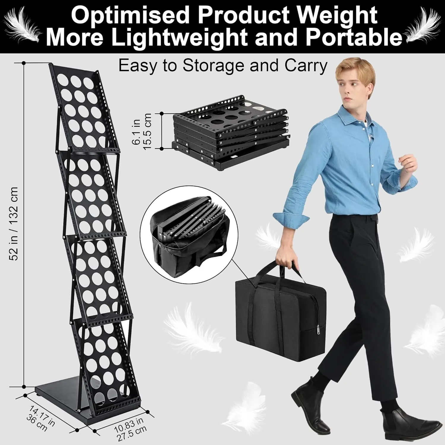 Magazine Rack Floor,Foldable Magazine Display Brochure Display Stand,Portable Magazine Stand,Metal Trade Show Display with Carrying Bag and Wheels for Office Trade Show Exhibitions,4 Pockets