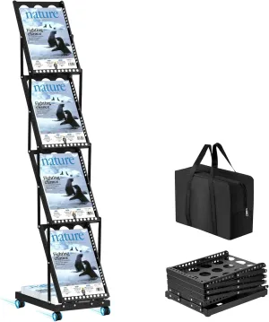 Magazine Rack Floor,Foldable Magazine Display Brochure Display Stand,Portable Magazine Stand,Metal Trade Show Display with Carrying Bag and Wheels for Office Trade Show Exhibitions,4 Pockets
