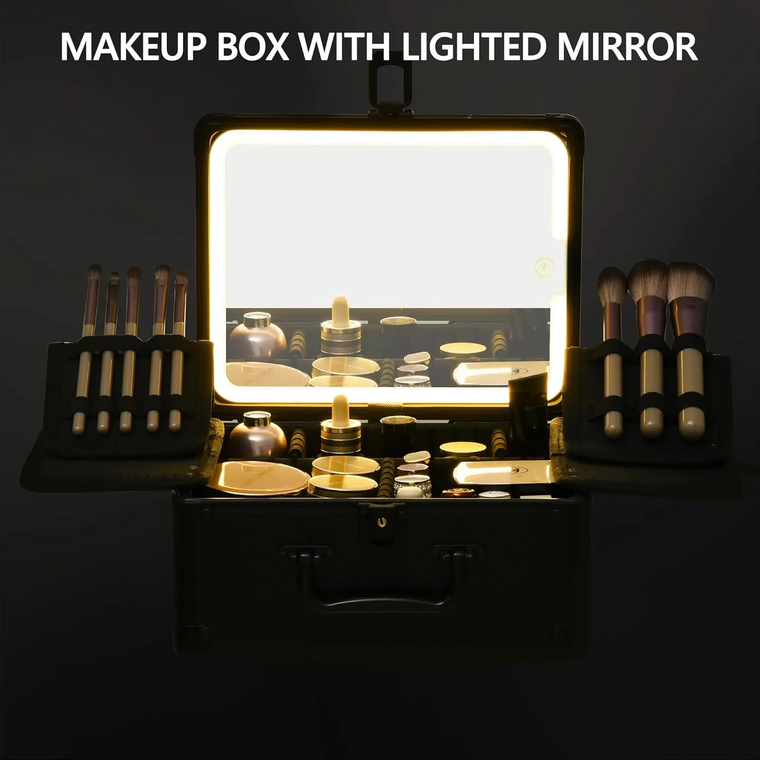 Makeup Case with Lighted Mirror, Makeup Box Organizer with Detachable LED Mirror, Travel Makeup Train Case, Waterproof Cosmetic Organizer, Standing Makeup Brush Holder, Gift, Black Green