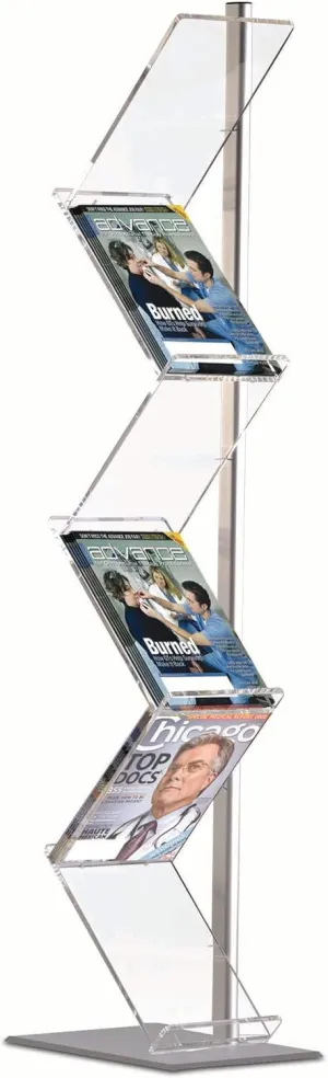 M&T Displays Zig Zag Literature Rack Free Standing Portable Flyer Display Brochure Stand Magazine Holder 6x(8.5x11) Inch Acrylic Shelves Aluminum Single Pole for Trade Show Exhibitions