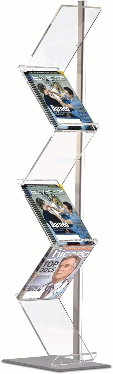 M&T Displays Zig Zag Literature Rack Free Standing Portable Flyer Display Brochure Stand Magazine Holder 6x(8.5x11) Inch Acrylic Shelves Aluminum Single Pole for Trade Show Exhibitions