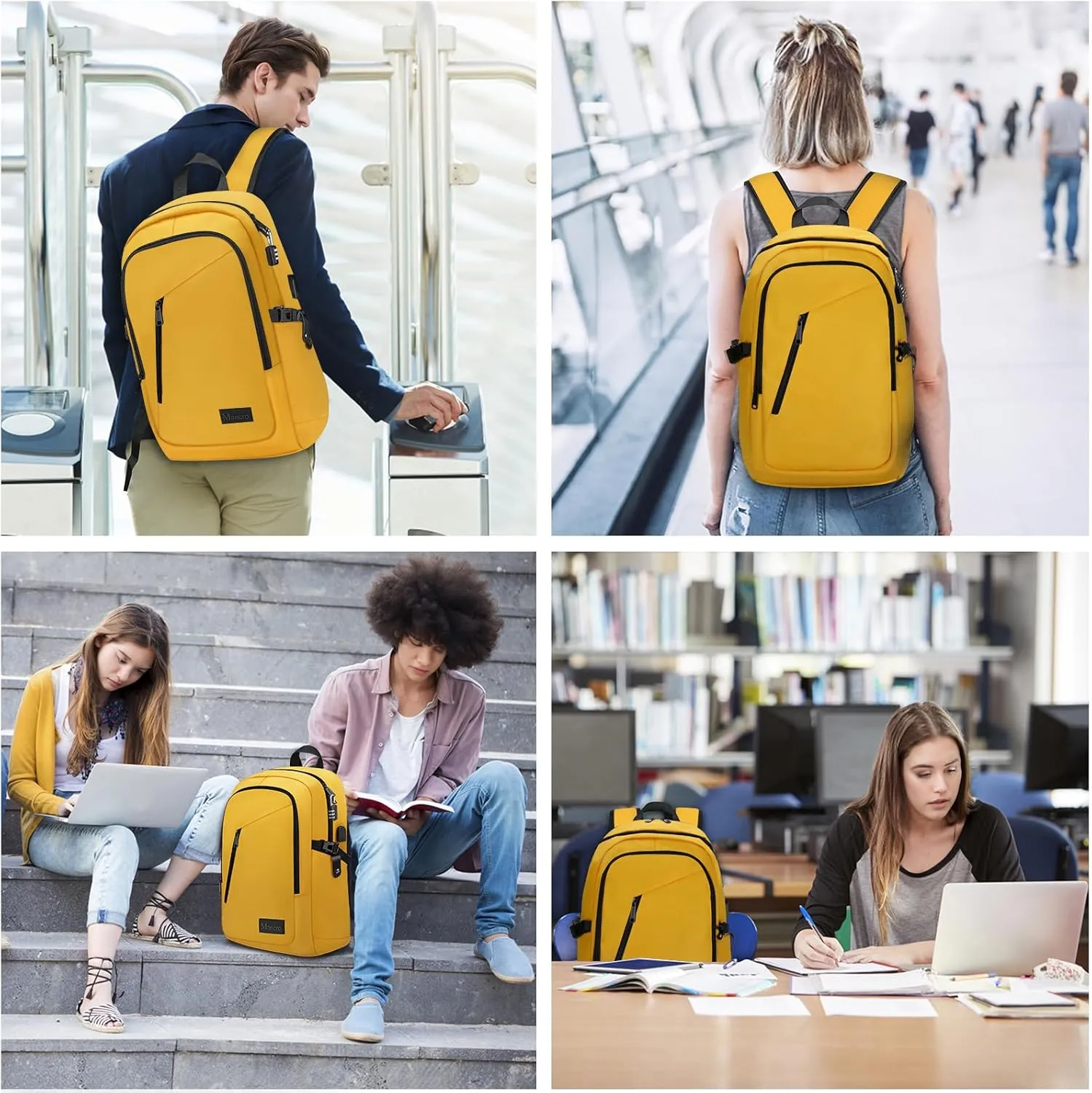 Mancro Travel Laptop Backpack with USB Charging Port, 15.6 in Anti Theft Backpack for Women Men, Computer Bag Fits 15.6 Inch Laptop and Notebook Backpack Gift, Yellow