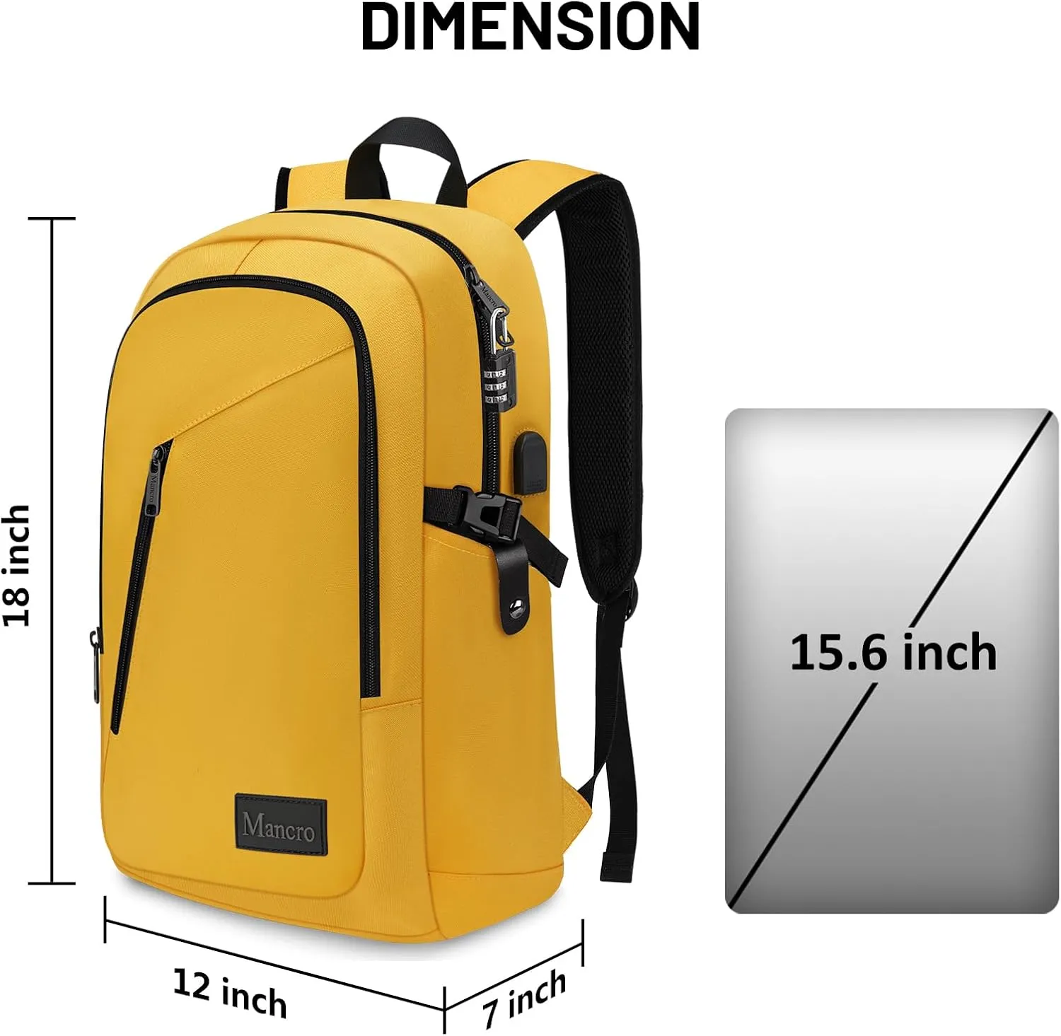 Mancro Travel Laptop Backpack with USB Charging Port, 15.6 in Anti Theft Backpack for Women Men, Computer Bag Fits 15.6 Inch Laptop and Notebook Backpack Gift, Yellow