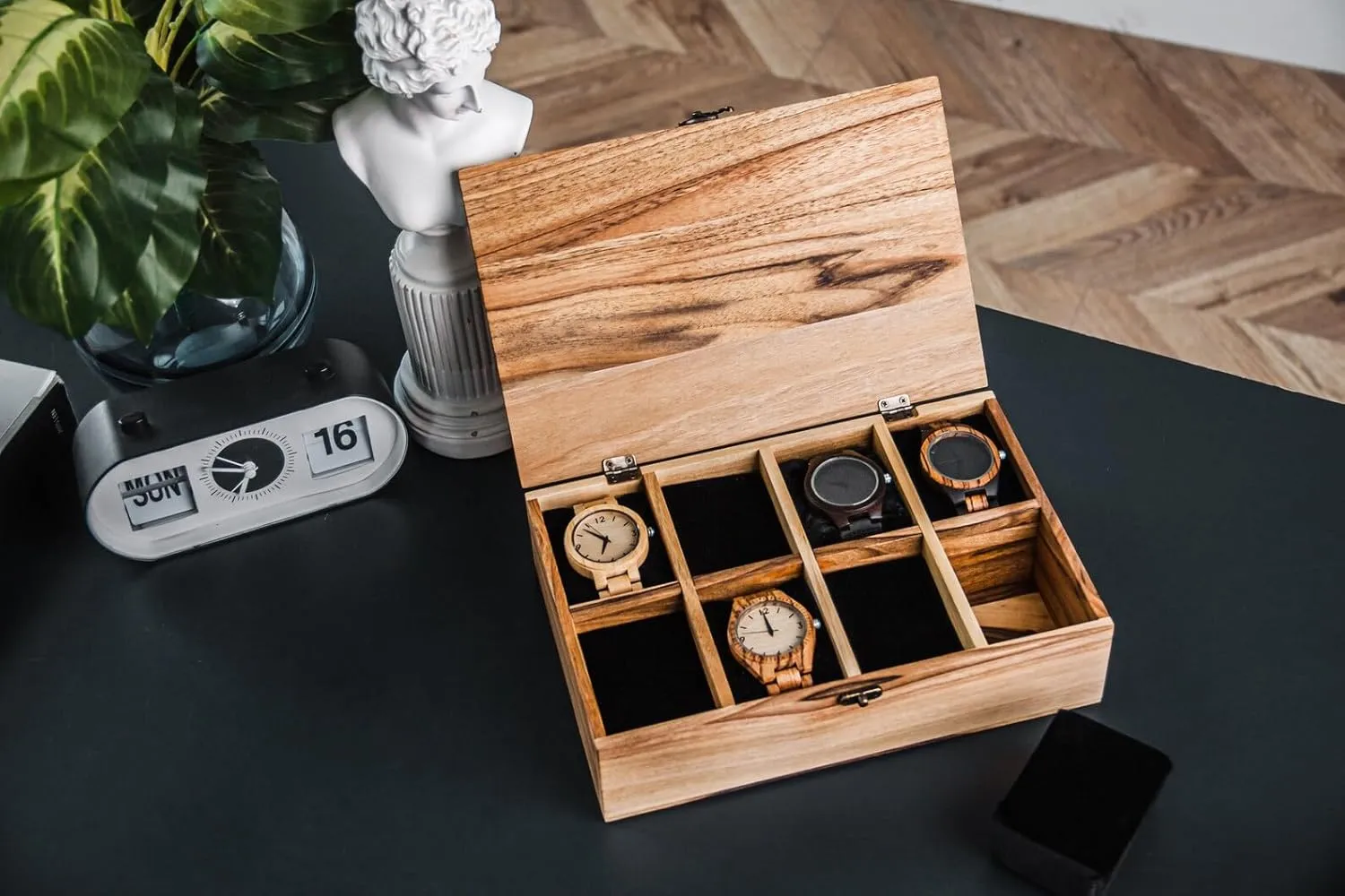Mangowood Watch Box for Men - Wooden Watch Case with Hinged Lid, Organiser Display Case - Perfect for Christmas, Valentine's Day, Father's Day Gift 8 Room