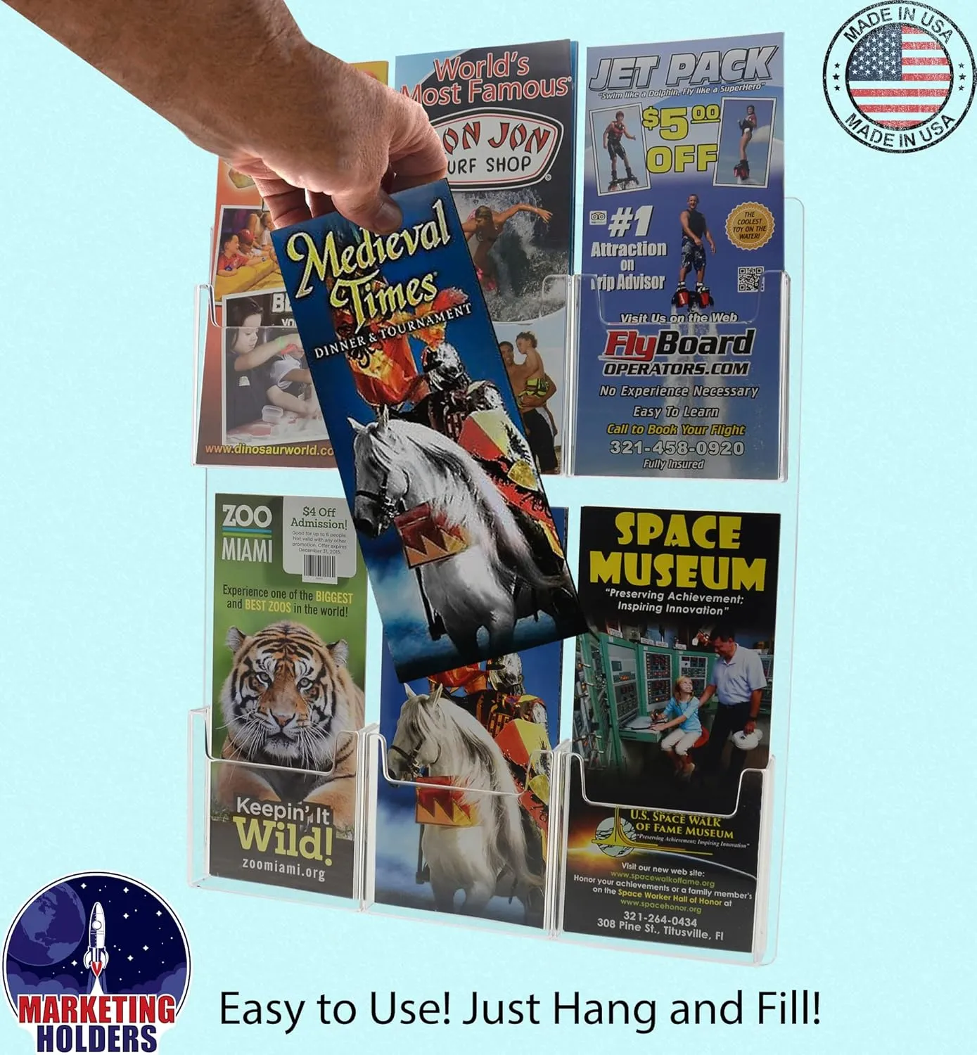 Marketing Holders Brochure Holder 6 Pocket Clear Acrylic Organizer with Hanging Hardware for Displaying 4" Trifolds and Pamphlets in Offices Lobbies and Retail Stores