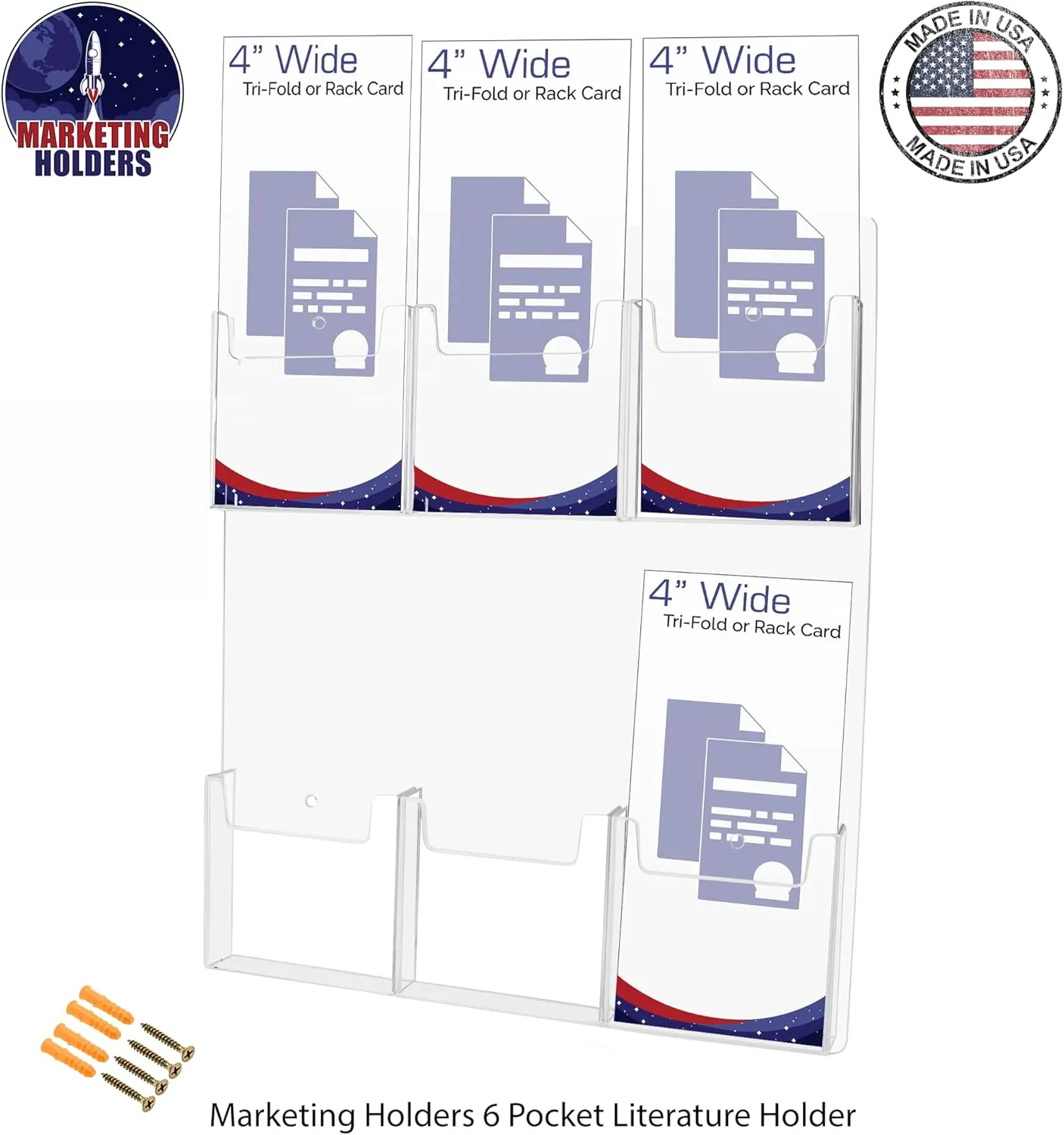 Marketing Holders Brochure Holder 6 Pocket Clear Acrylic Organizer with Hanging Hardware for Displaying 4" Trifolds and Pamphlets in Offices Lobbies and Retail Stores