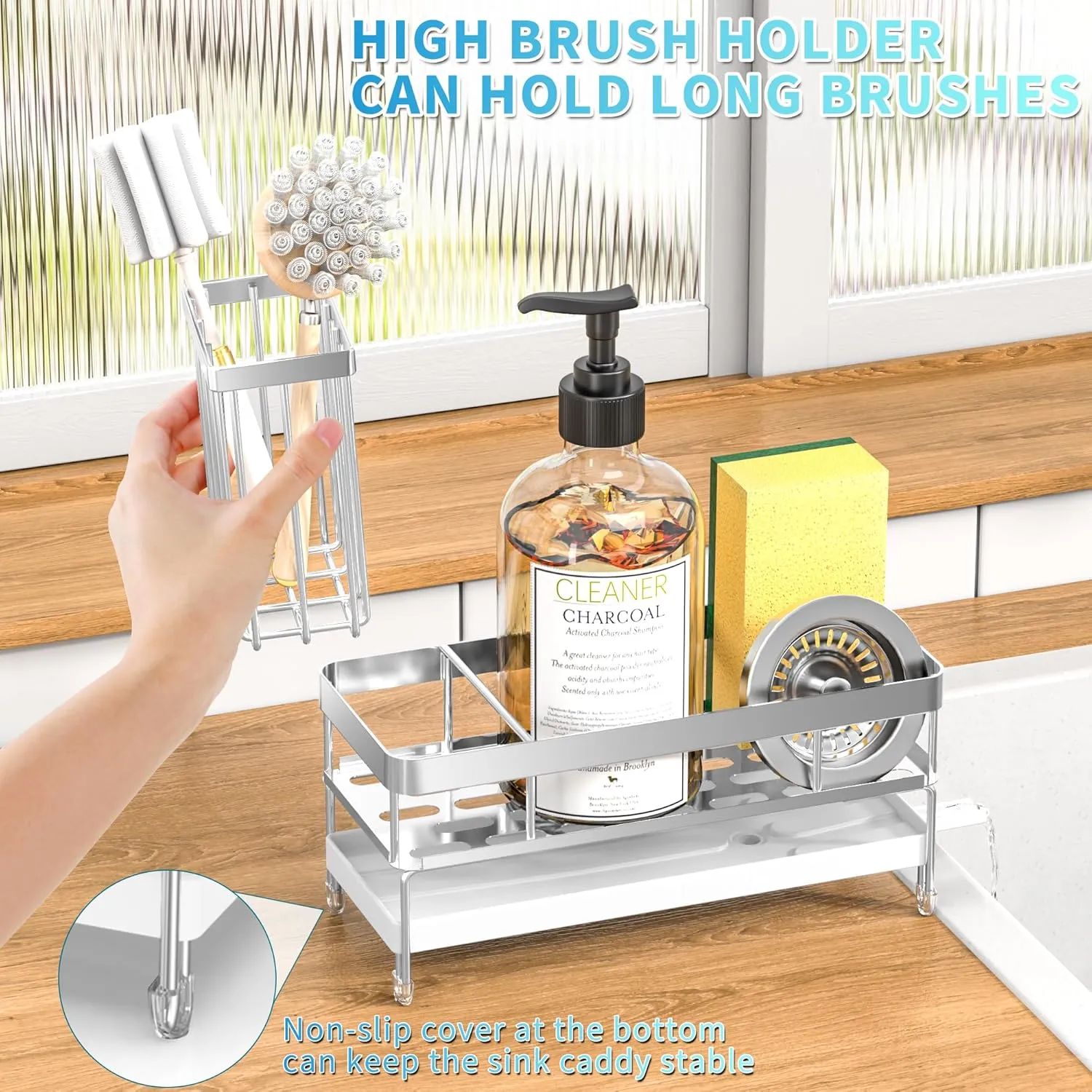 masadi Sink Organizer Caddy Countertop for Kitchen, Sliver Dish Sponge Holders, Instant Dry Brush Holders, Kitchen Storage Organziation Essentials and Decor
