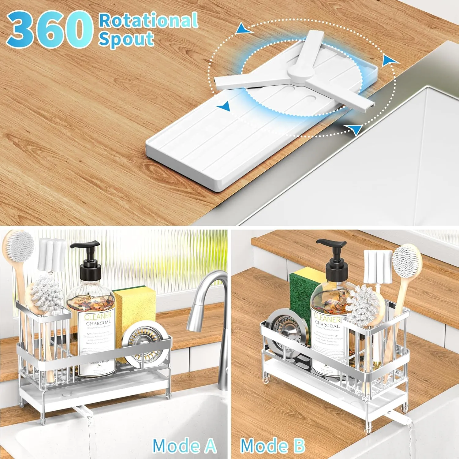 masadi Sink Organizer Caddy Countertop for Kitchen, Sliver Dish Sponge Holders, Instant Dry Brush Holders, Kitchen Storage Organziation Essentials and Decor