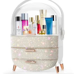 MASSY Egg Shape(Oval) Makeup Storage Box, Countertop Portable Vanity Cosmetics Organizer Preppy Style (Rhinestone White)