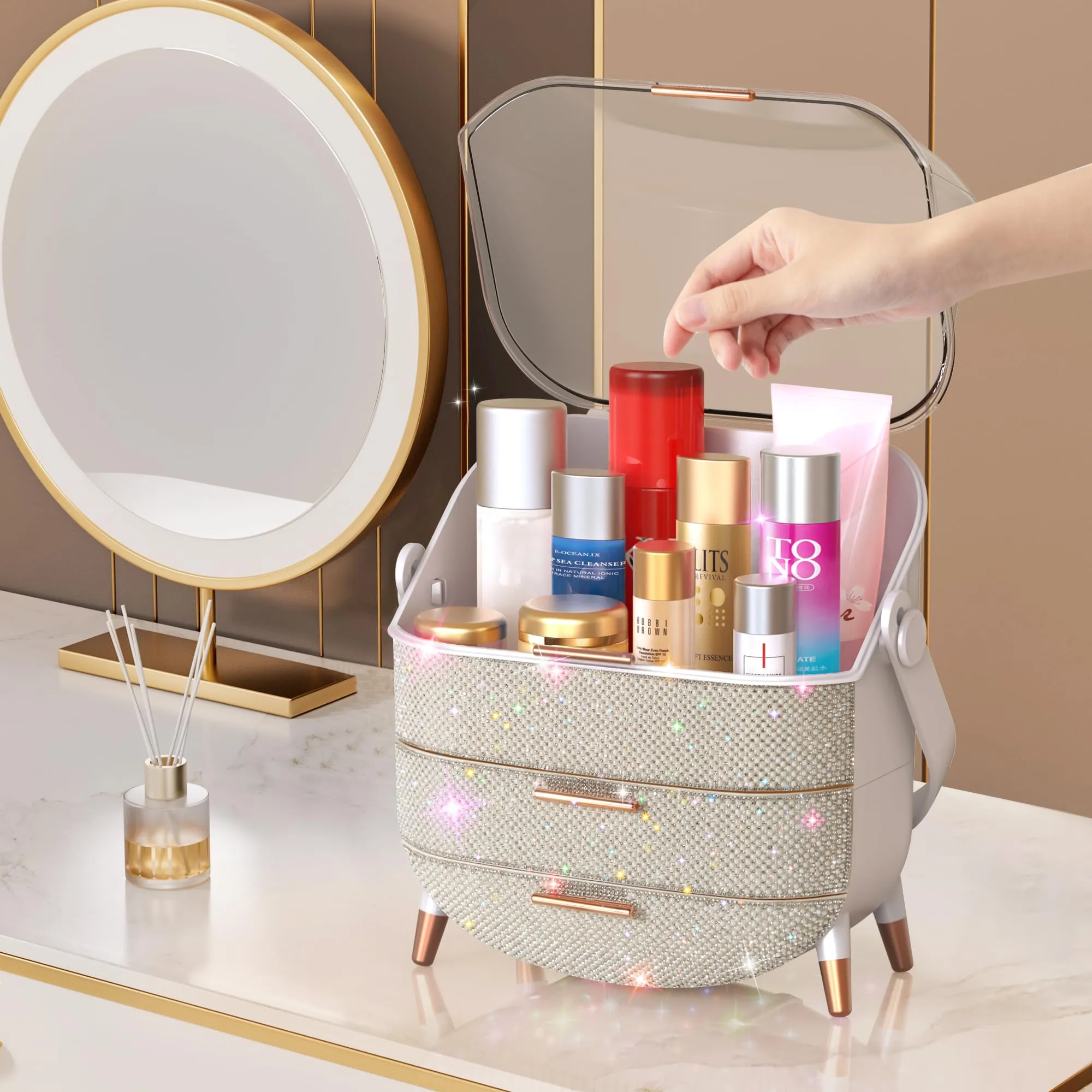 MASSY Egg Shape(Oval) Makeup Storage Box, Countertop Portable Vanity Cosmetics Organizer Preppy Style (Rhinestone White)