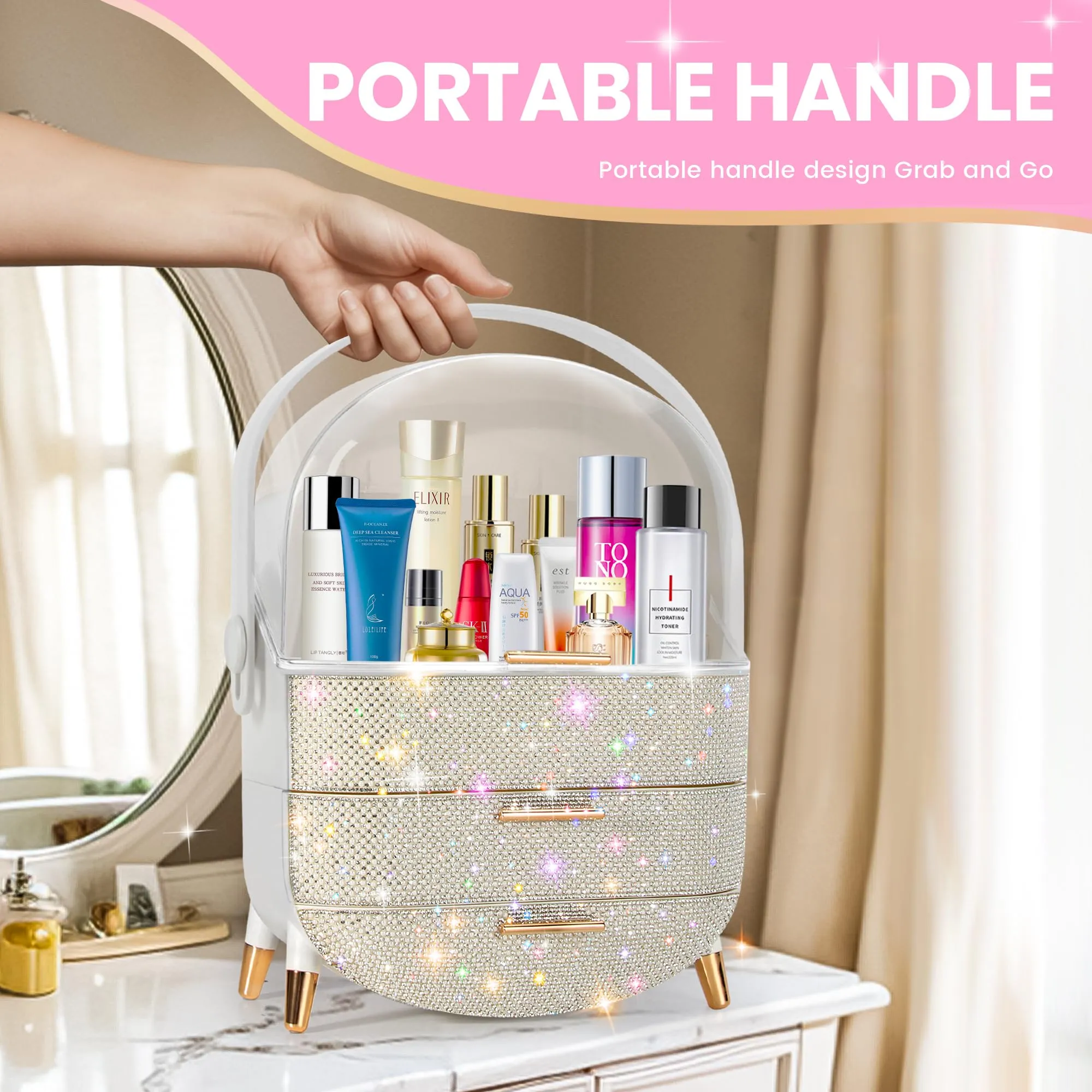 MASSY Egg Shape(Oval) Makeup Storage Box, Countertop Portable Vanity Cosmetics Organizer Preppy Style (Rhinestone White)