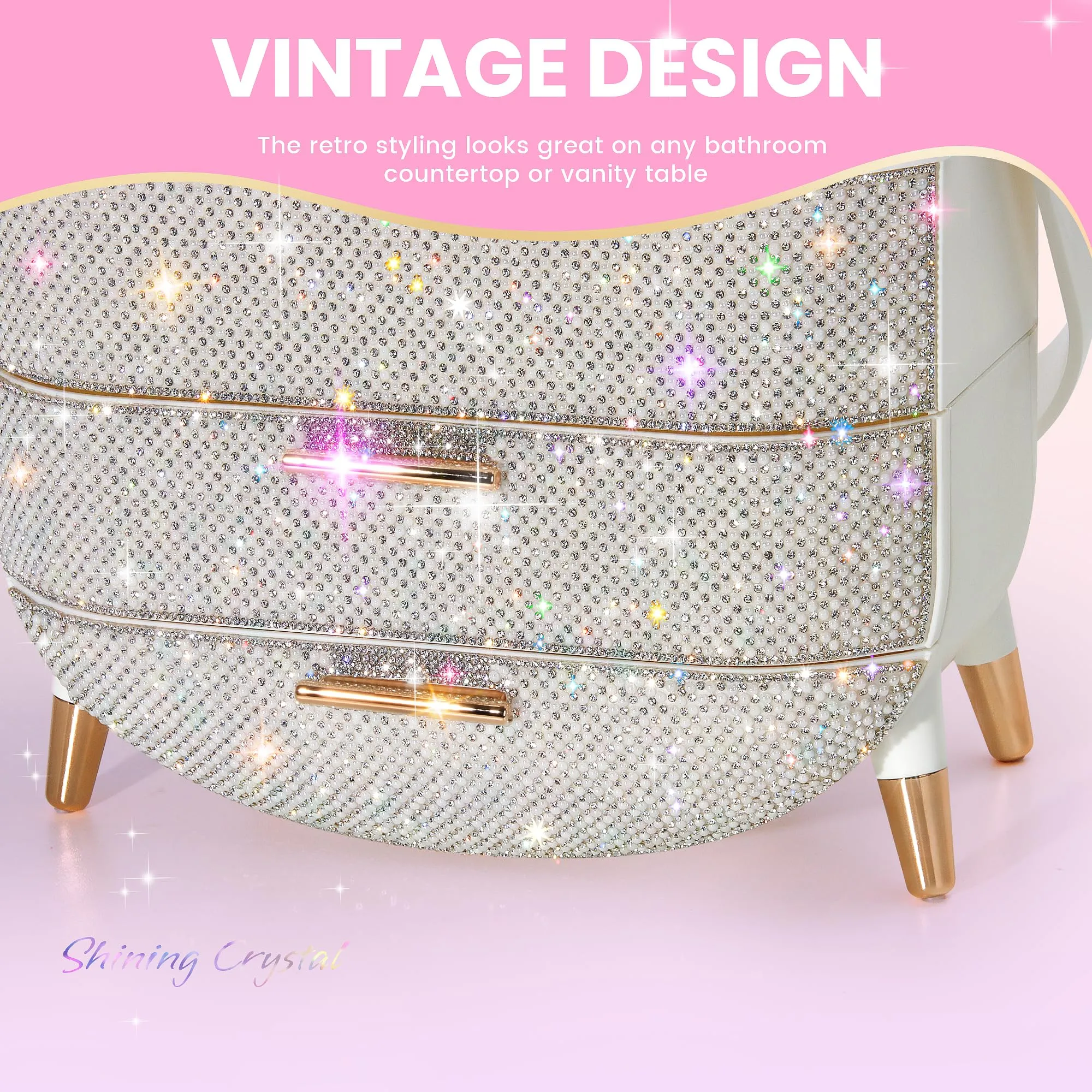 MASSY Egg Shape(Oval) Makeup Storage Box, Countertop Portable Vanity Cosmetics Organizer Preppy Style (Rhinestone White)