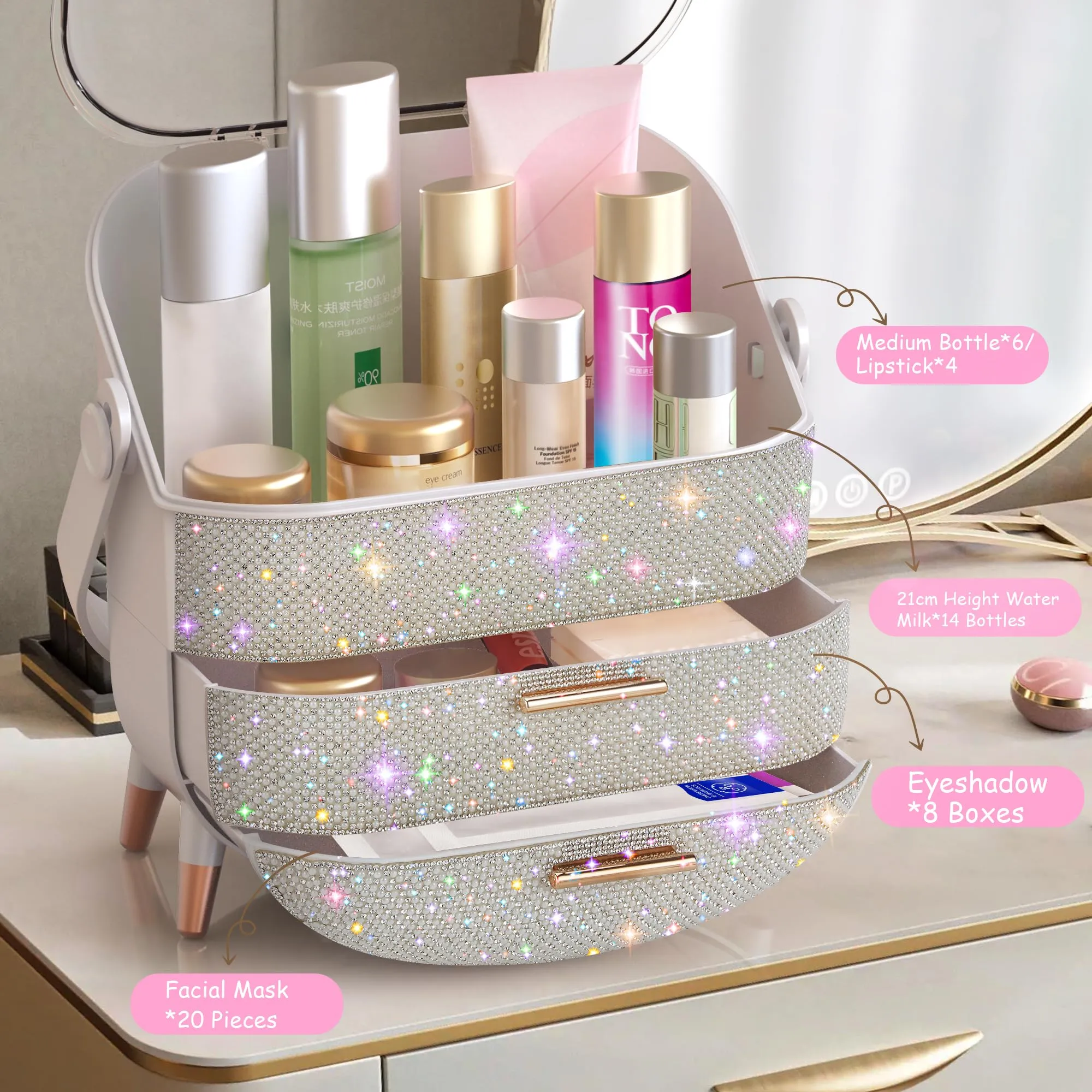 MASSY Egg Shape(Oval) Makeup Storage Box, Countertop Portable Vanity Cosmetics Organizer Preppy Style (Rhinestone White)