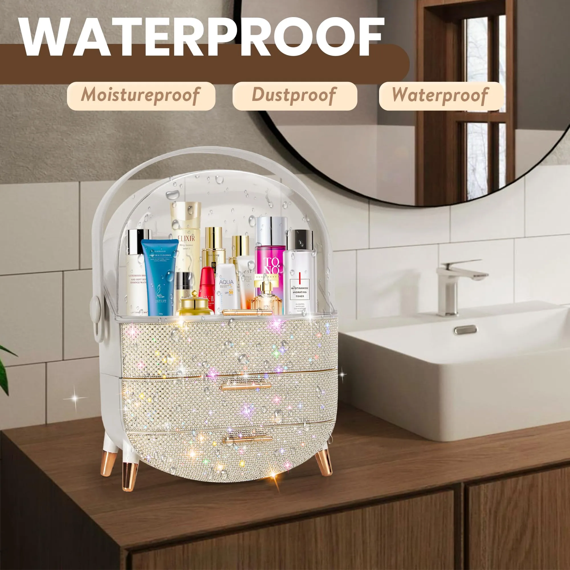 MASSY Egg Shape(Oval) Makeup Storage Box, Countertop Portable Vanity Cosmetics Organizer Preppy Style (Rhinestone White)