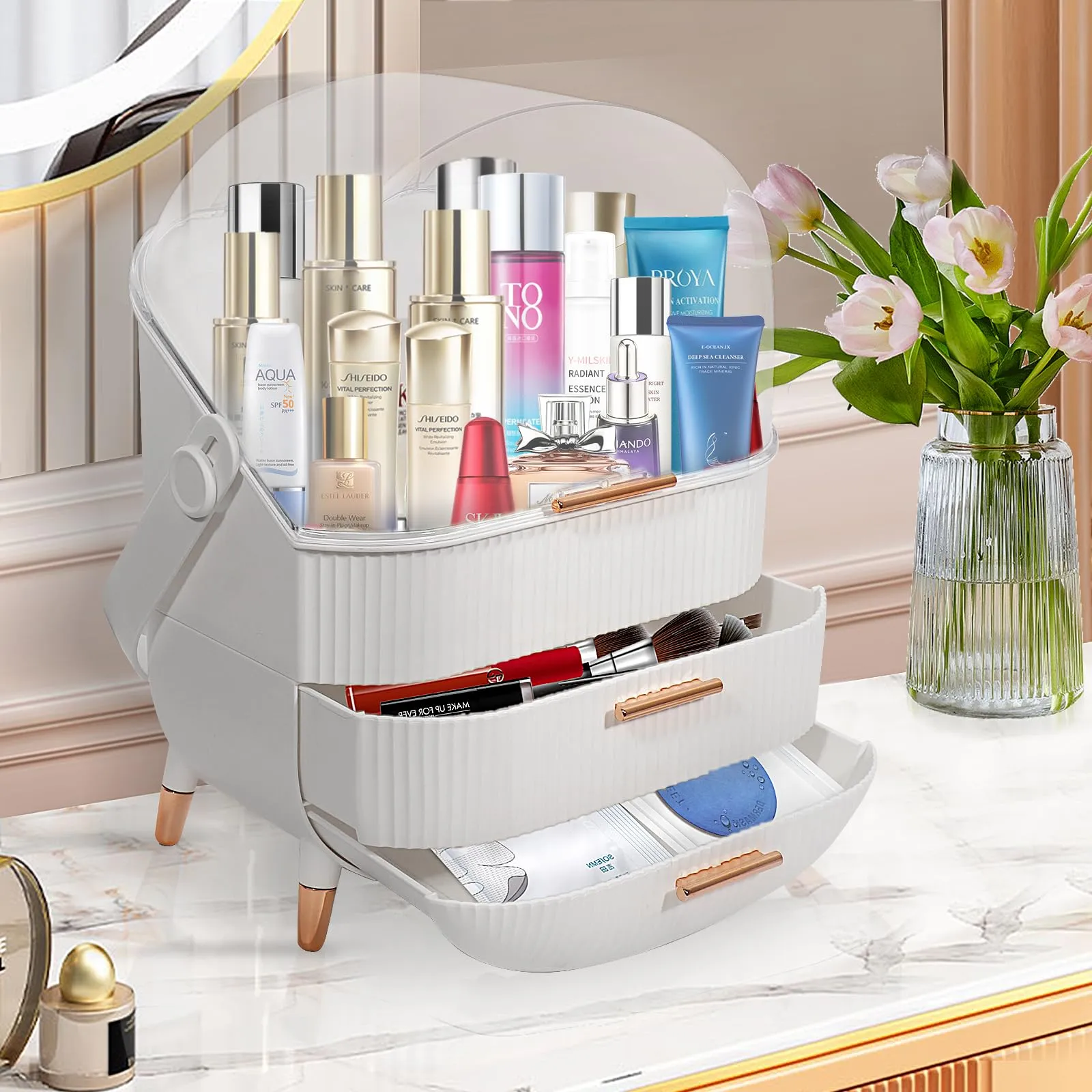 MASSY Egg Shape(Oval) Makeup Storage Box, Countertop Portable Vanity Cosmetics Organizer Preppy