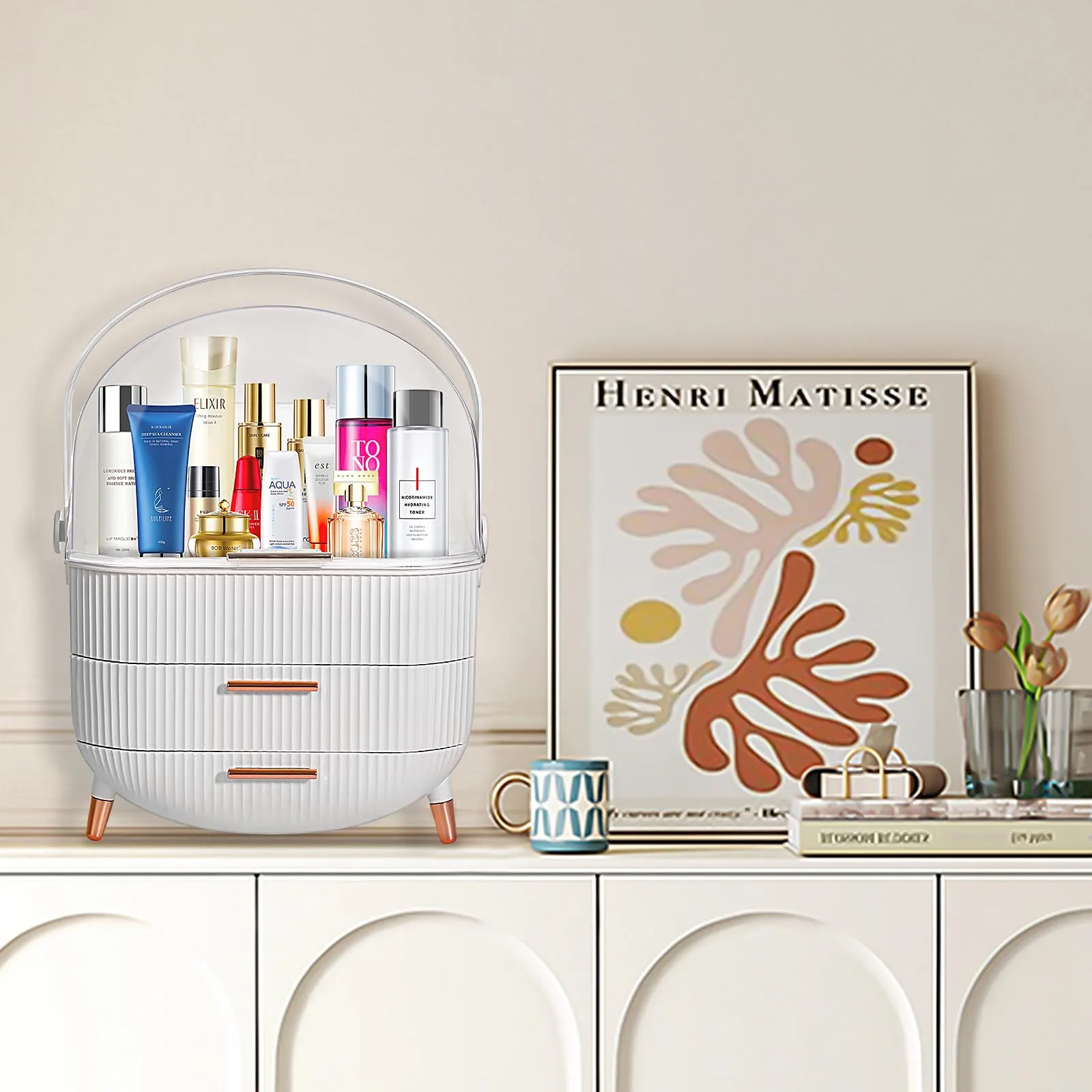 MASSY Egg Shape(Oval) Makeup Storage Box, Countertop Portable Vanity Cosmetics Organizer Preppy