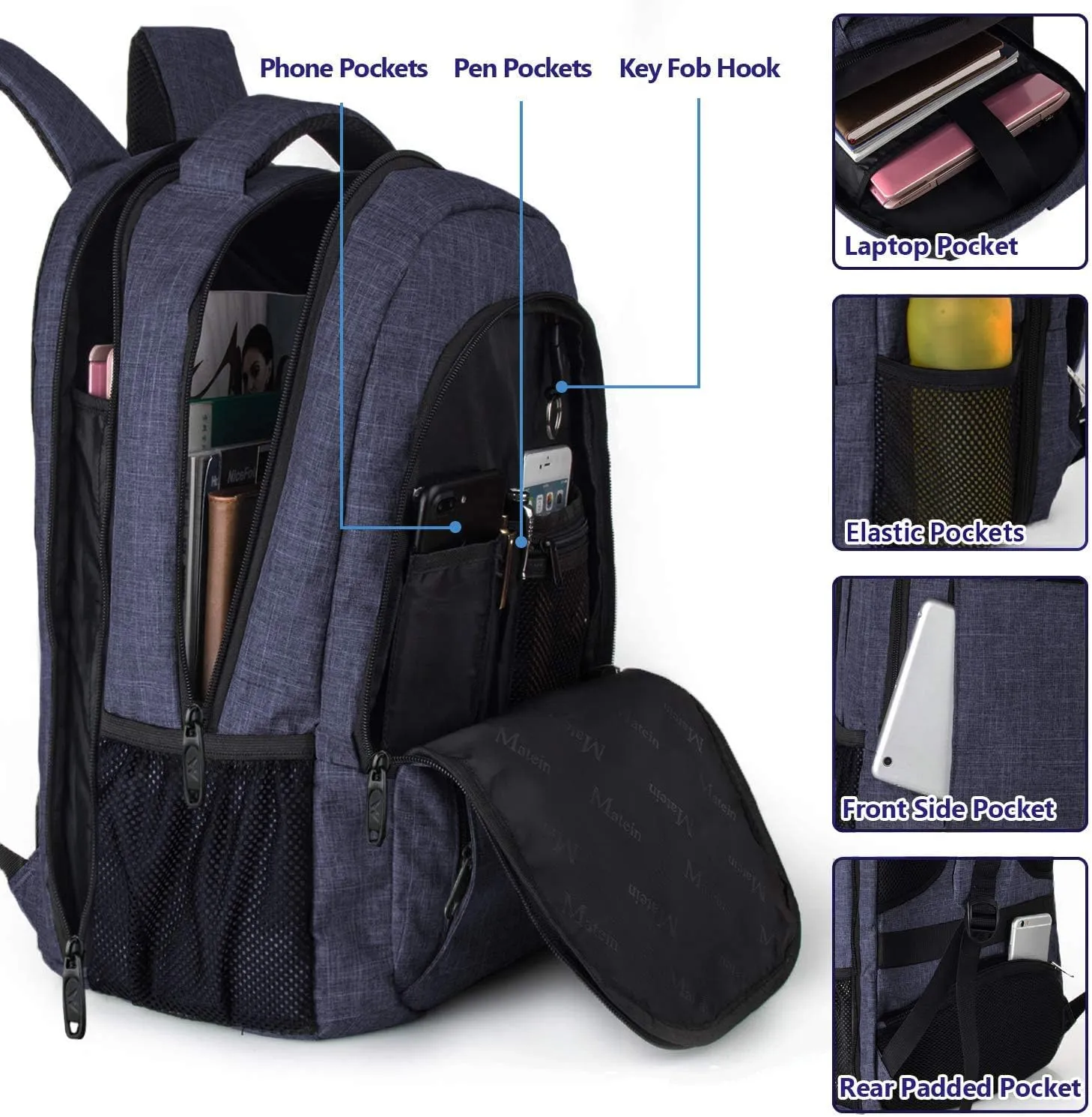 MATEIN Large College Backpack, Sturdy Computer Backpack with USB Charging Port Fits 17 inch Notebook, Carryon Luggage Travel Laptop Bag for Business Men and Women Christmas New Year Gift, Blue