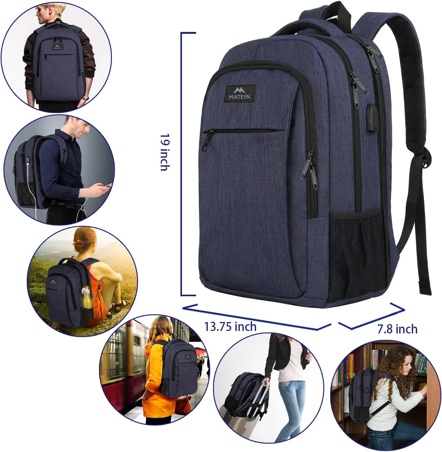 MATEIN Large College Backpack, Sturdy Computer Backpack with USB Charging Port Fits 17 inch Notebook, Carryon Luggage Travel Laptop Bag for Business Men and Women Christmas New Year Gift, Blue