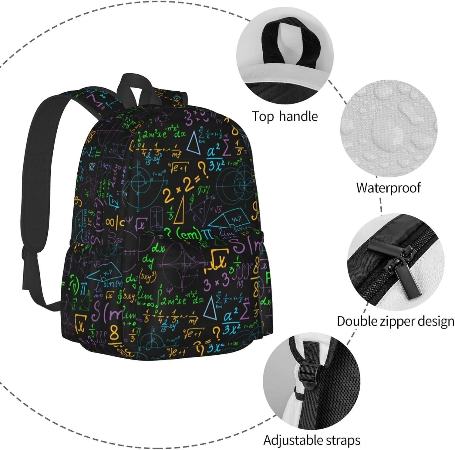 Math Colorful Geometrical Plots Formulas Calculations Multipurpose School Bag Bookbag for Teenage Boys Girls Daily Backpack