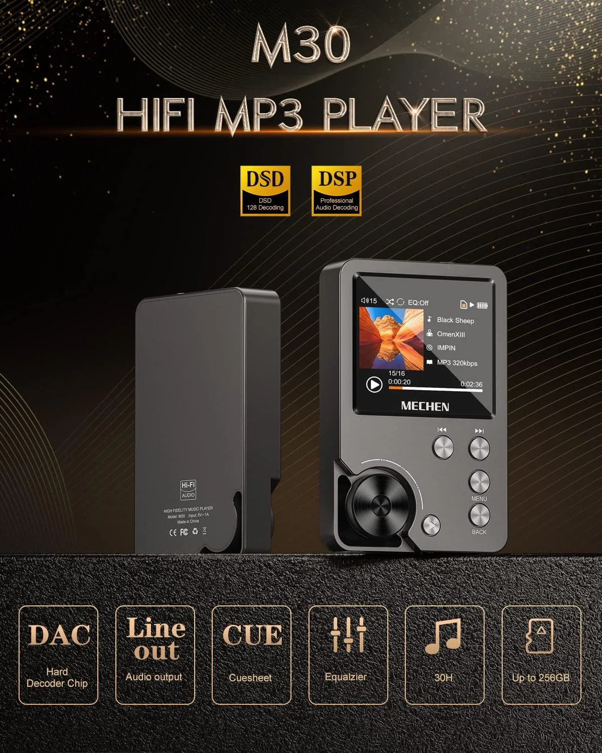 MECHEN M30 HiFi MP3 Player, Lossless DSD High Resolution Digital Audio Music Player, High-Res Portable Audio Player with 64GB Memory Card (Gray)