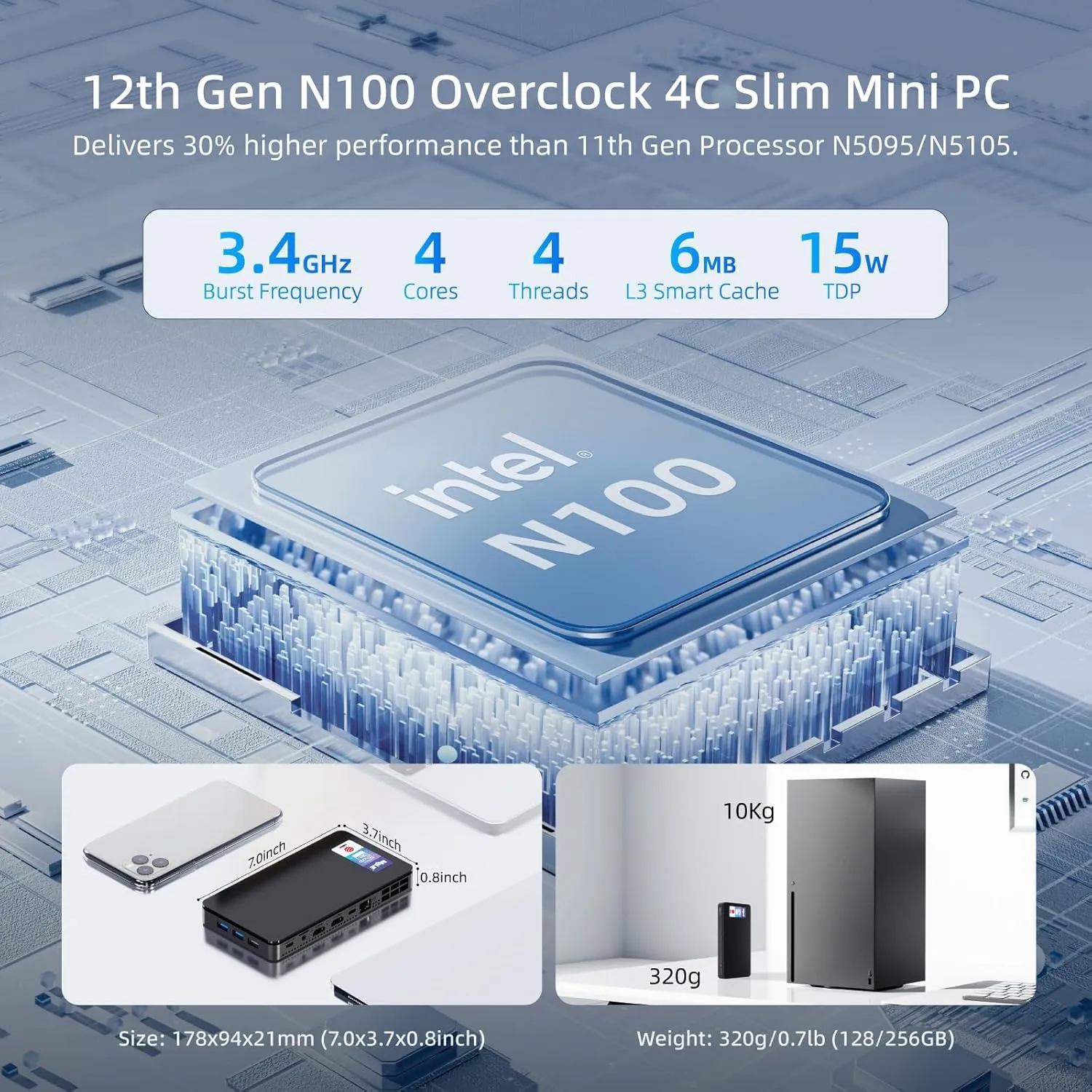 MeLE Overclock4C Mini PC, 12th Alder Lake-N100(up to 3.4GHz,4C/4T), 16GB DDR4 512GB Micro Desktop Computer, 4K Triple Display, All-in-one USB-C, USB3.2/WiFi/BT/Ethernet on Business Home Office