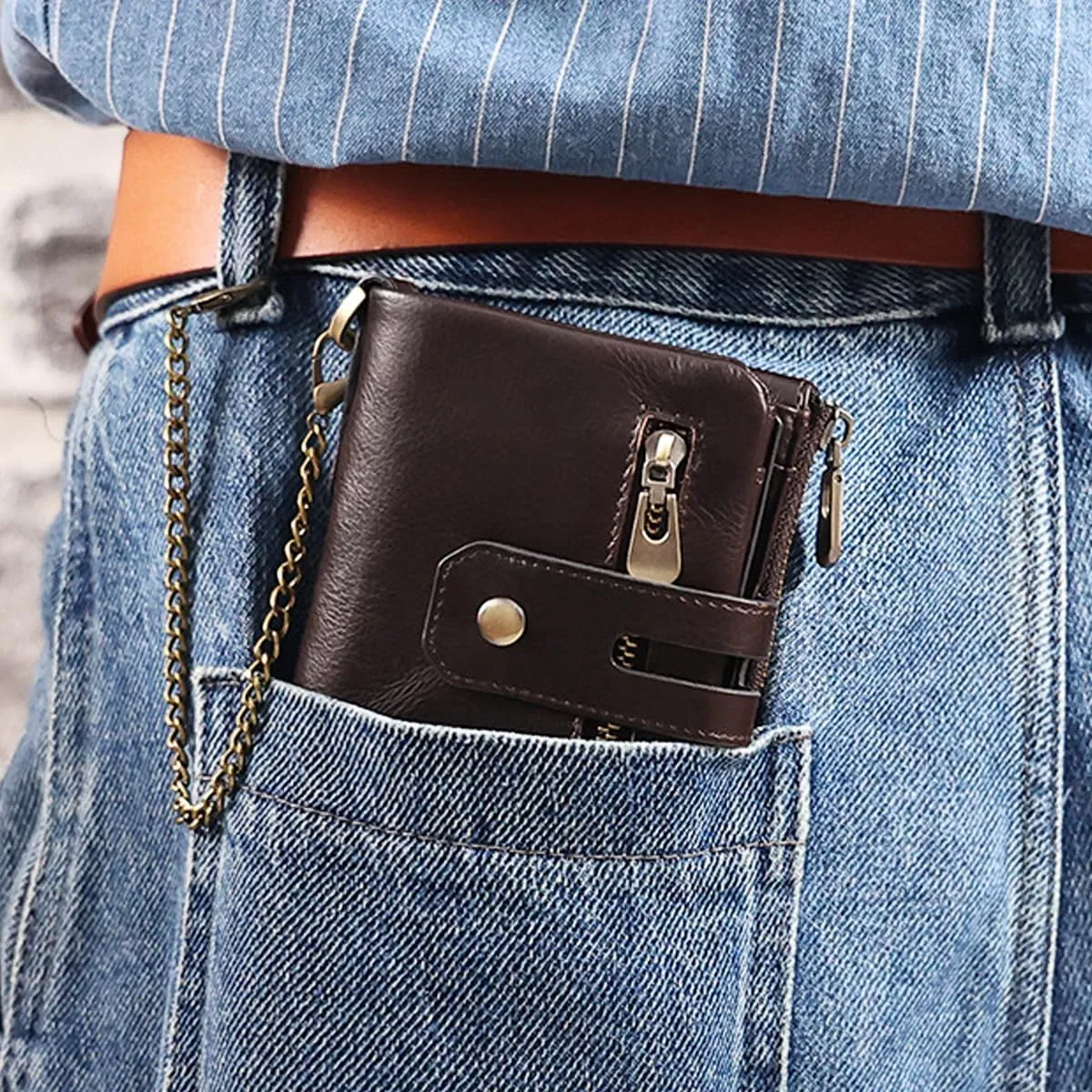 Men Chain Wallet PU Faux Leather Bifold Wallet for Men Double Zipper Coin Pocket Purse Double Anti-Theft