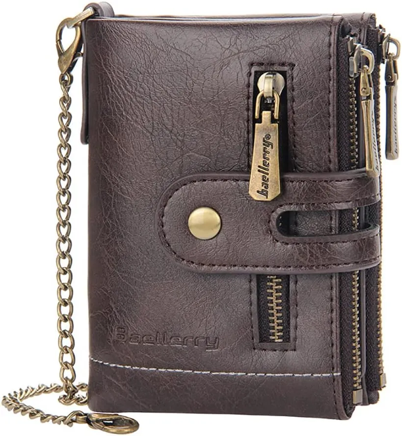 Men Chain Wallet PU Faux Leather Bifold Wallet for Men Double Zipper Coin Pocket Purse Double Anti-Theft