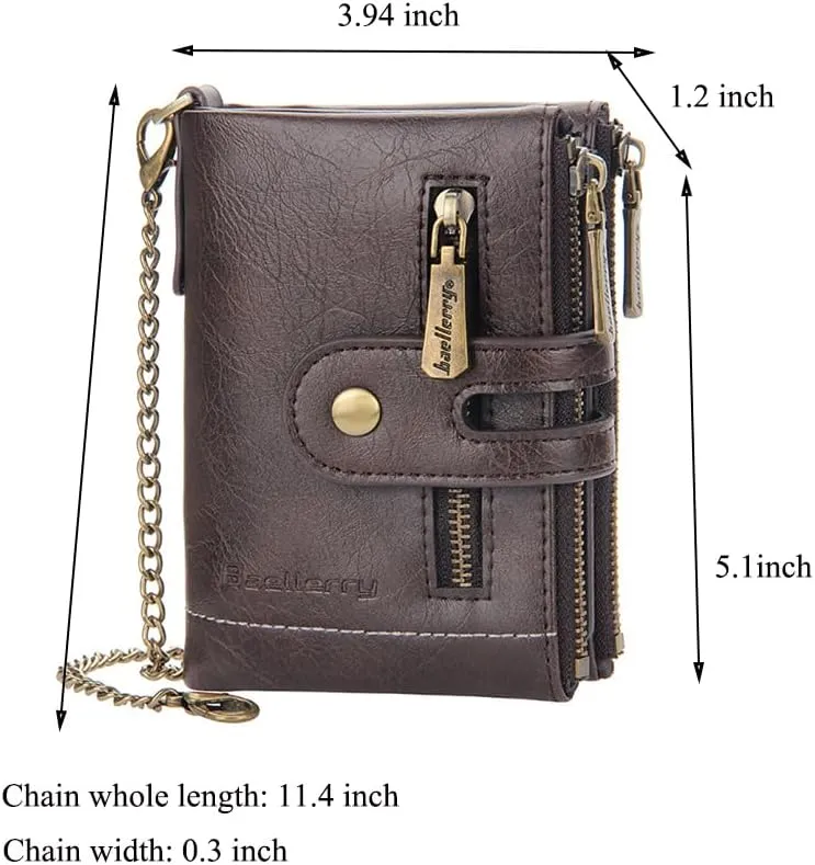 Men Chain Wallet PU Faux Leather Bifold Wallet for Men Double Zipper Coin Pocket Purse Double Anti-Theft